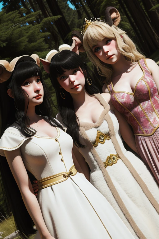 Four semi-human Pegoraro girls together, white sheep hair, sheep horns, pretty, wearing princess clothes, Dutch angle, detailed art. (sfw)