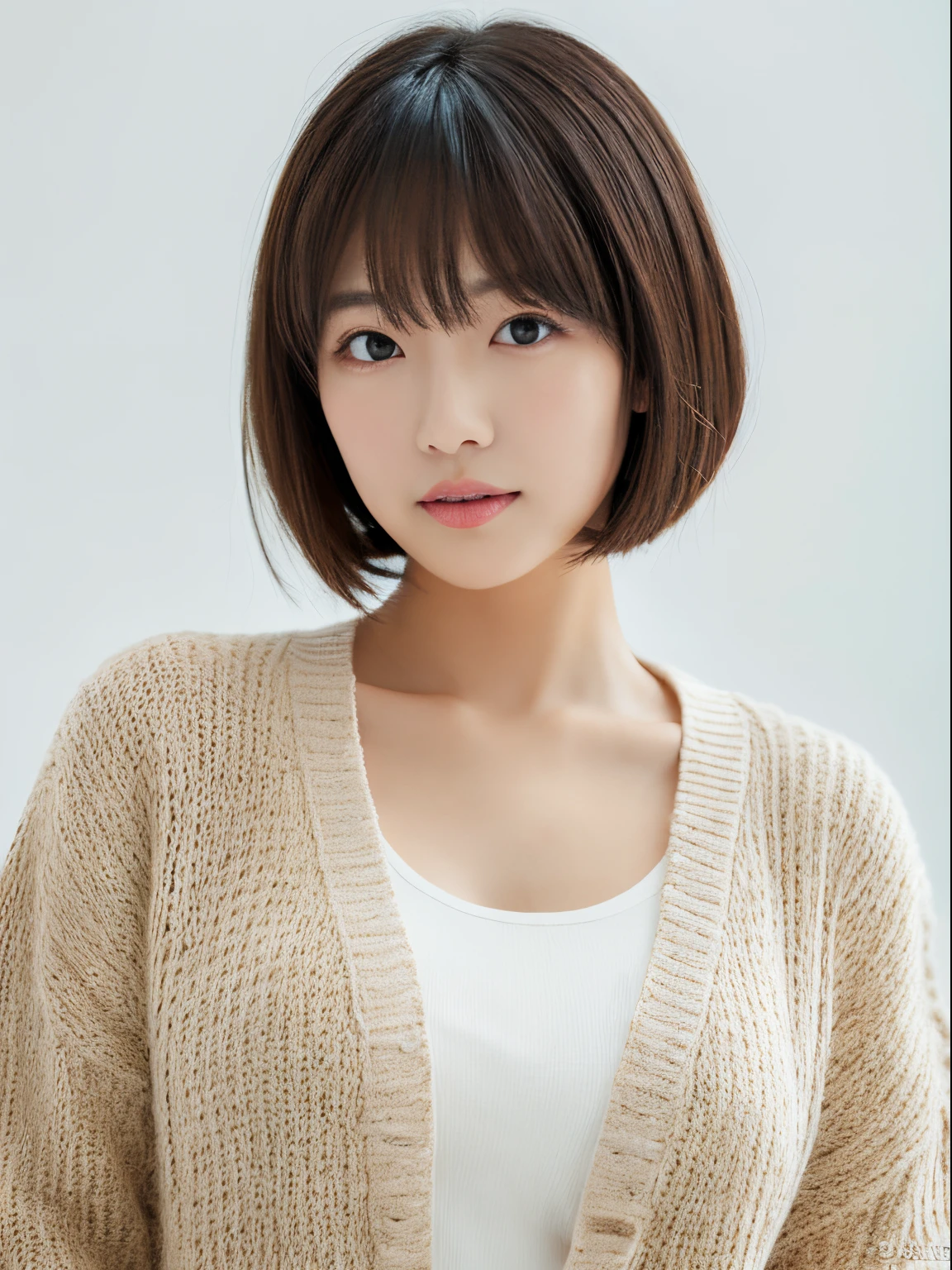 ((masutepiece,top-quality)), (photographrealistic:1.4),((masutepiece,8K)),hight resolution,Studio Soft Light, Rim Lights, vibrant detail, realistic skin textures,Japanese, 1 beautiful woman, Short hair, Wave hair, faint thin bangs, make - up, 38 years, Detailed skin, cardigan, wide-leg pants, Standing, White background, White Room,white walls, fully body photo, Looking at Viewer