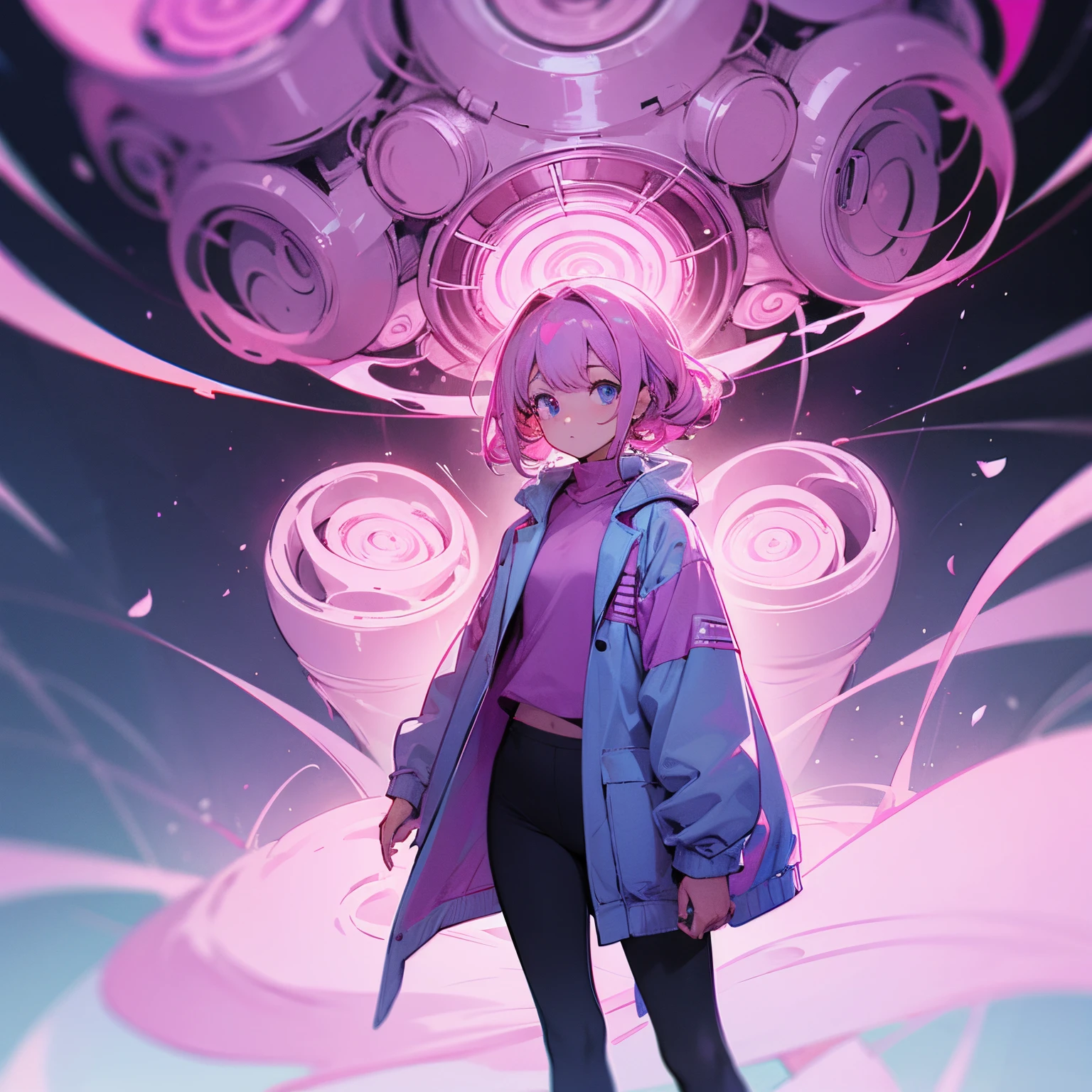 Girl standing perfectly still with pink spirals as eyes and the picture has heat vision