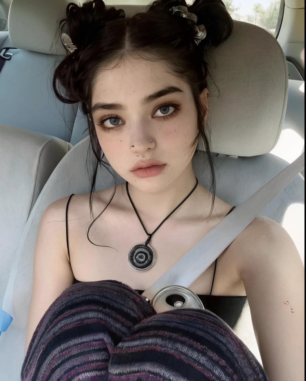 woman trapped in a car with a knife and a sweater, sardas fofas, sardas pequenas, 18 anos, Ela parece uma mistura de Grimes, belos olhos enormes, sentada em seu carro, com sardas, with pale skin, Modelo do Instagram, pale skin and dark eyes, parece uma mistura de grimes, 1 6 anos