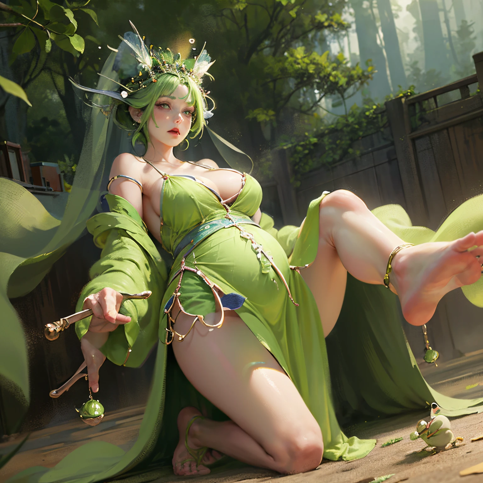 The frog princess clothed in green lingerie and very pregnant. She has enormous swollen tits. The frog princess has big green frog hands and feet. The frog princess has huge eyes. The frog princess is eating another woman head first. Show the frog princess from head to toe, vore, full body