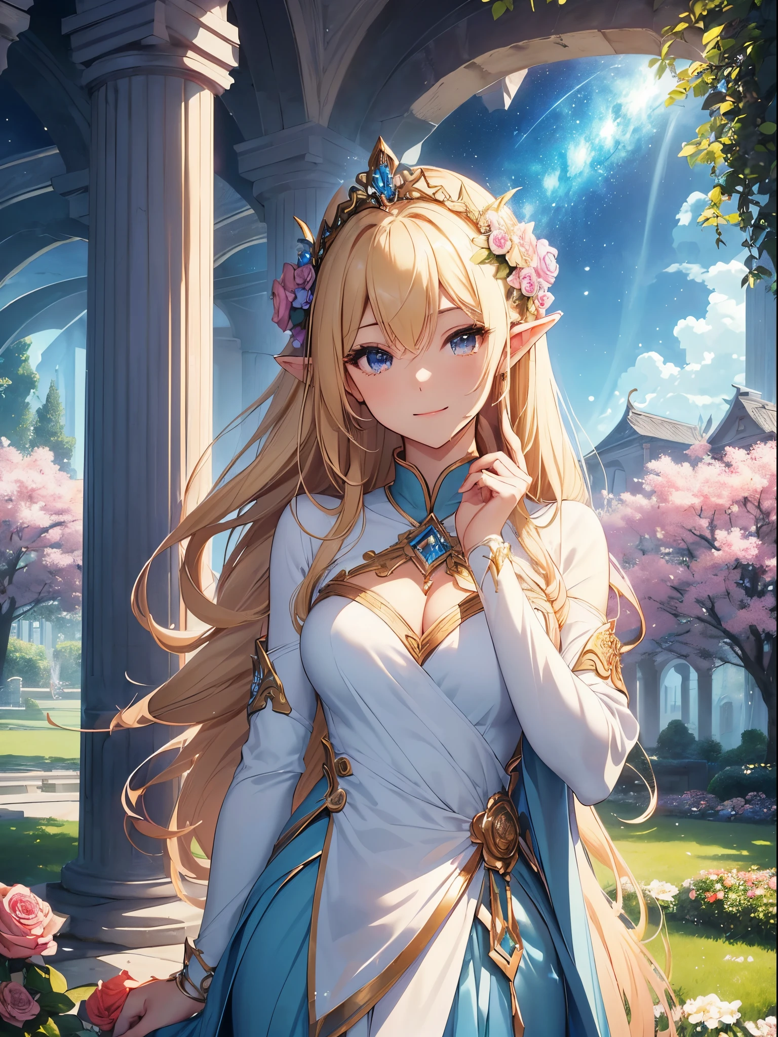 top-quality、Top image quality、​masterpiece、Super beautiful elf beauty((24 year old、Best Bust、big bast、Bust 90,beautiful blue long ironed hair、a blond、A sexy、A slender、a closeup、Esbian、beautiful tiara、hiquality、Beautiful Art、Background with((starrysky)))masutepiece、visualart、depth of fields、low angle of morning sky、、Elven ears、、light magic、Space Knight、harp melody🎵、Happy smile、Gentle light、、Beautiful legs that are gentle on the skin、、、Number of fingers to achieve precise finger movements、ticker beautiful dress、elegent、Mystical　Rosa、　field under the flower garden、Marble pillars, beautiful dressy)appreciate！This way、appreciate、Talk to、Friendly atmosphere、holding a bouquet of red roses in both hands、Full of affection