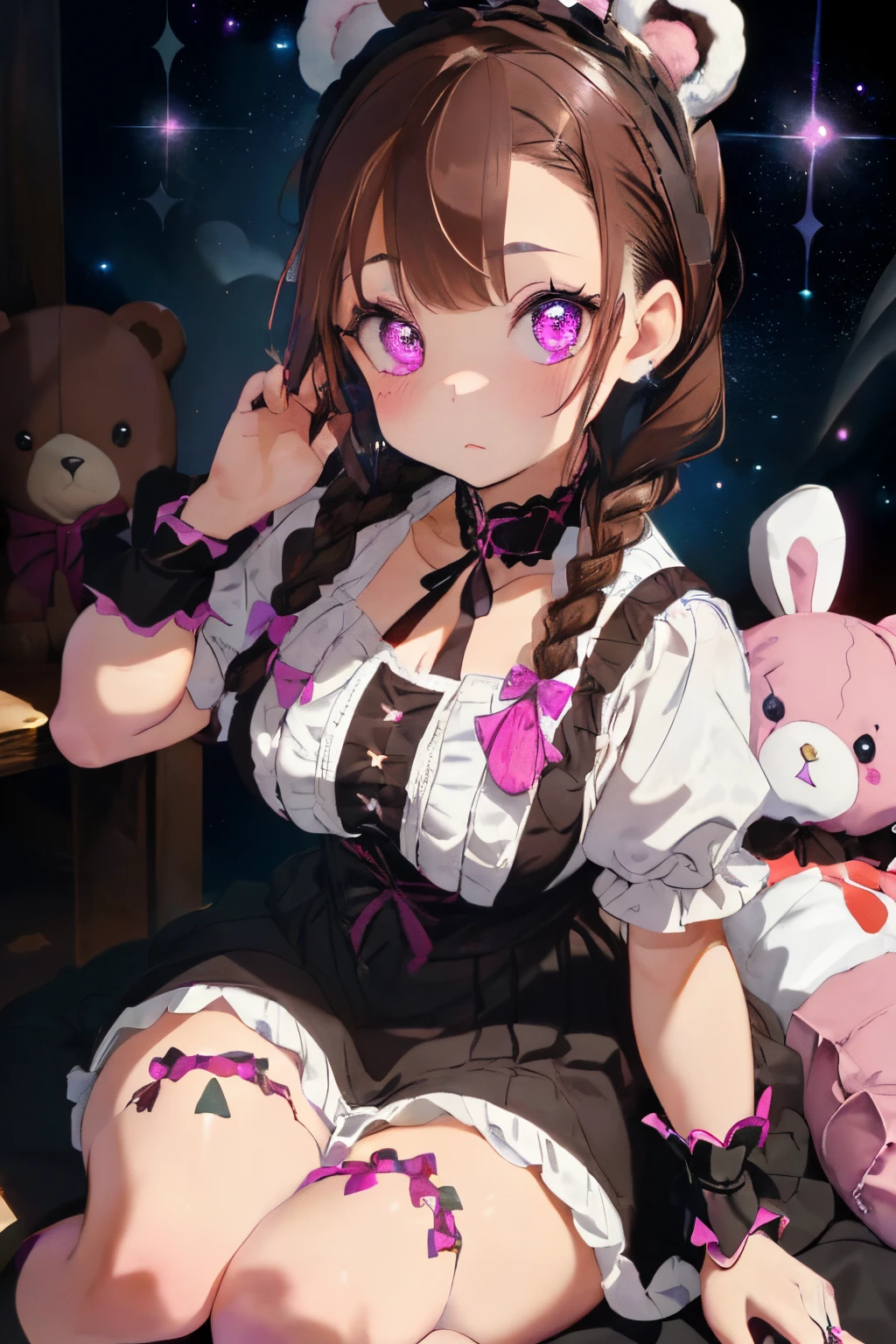 ((Brown hair)),((Braided shorthair)),((With black eyes)),Slight red tide,(gothic loli style costume:1.25),(Head dress:1.2),((Cute stuffed rabbits and bears are scattered around.....)),(The entire space is dyed pink, Black, Purple, and white.),(Big eyes:1.5),(your eyes are shining like stars:1.2),(Cute way to sit),(sitting like a french doll),(Tilt of the neck:1.25),