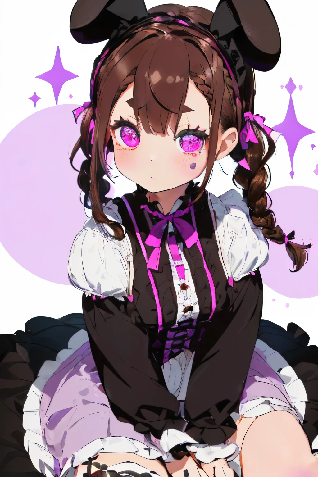((Brown hair)),((Braided shorthair)),((With black eyes)),Slight red tide,(gothic  style costume:1.25),(Head dress:1.2),((Cute stuffed rabbits and bears are scattered around.....)),(The entire space is dyed pink, Black, Purple, and white.),(Big eyes:1.5),(your eyes are shining like stars:1.2),(Cute way to sit),(sitting like a french doll),(Tilt of the neck:1.25),