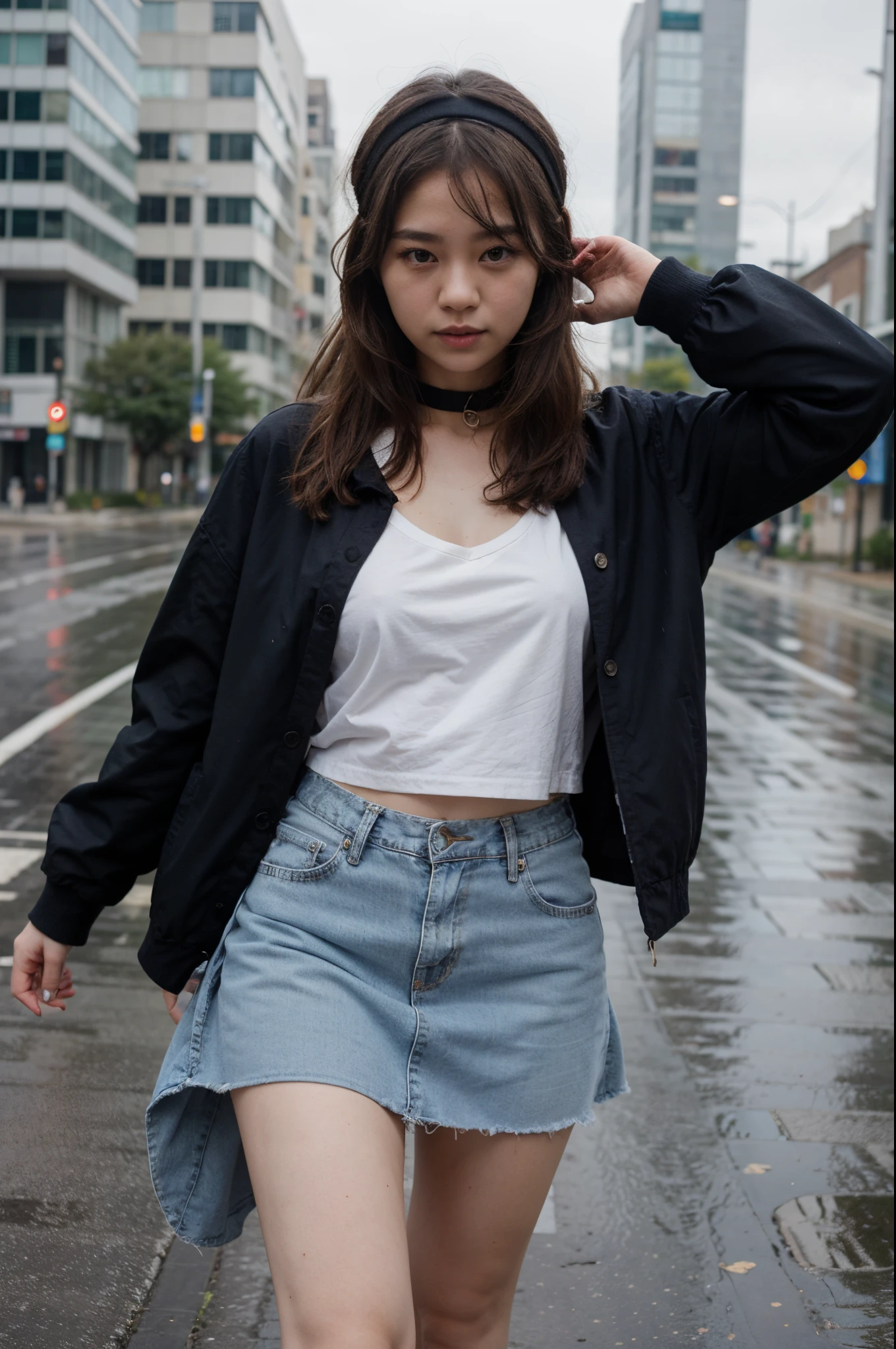 A busy road with rainy day.
There two beautiful korean girl with shaggy hair wearing opened jeans jacket showing sailor school uniform with light blue skirt
Wearing black collar and headband