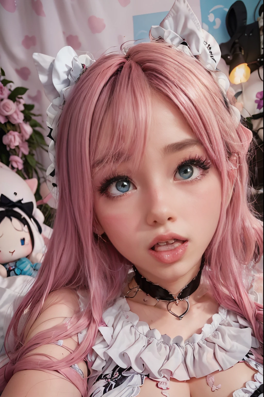 Face close-up Pink black haired woman in a white and black outfit laying on a bed, belle delphine, ahegao, anime vibes, ahegao face, anime barbie in white stockings, shikamimi, webcam footage, highly realistic. live cam, y 2 k cutecore clowncore, pink twintail hair and cyan eyes, blonde hair and large eyes, low quality video