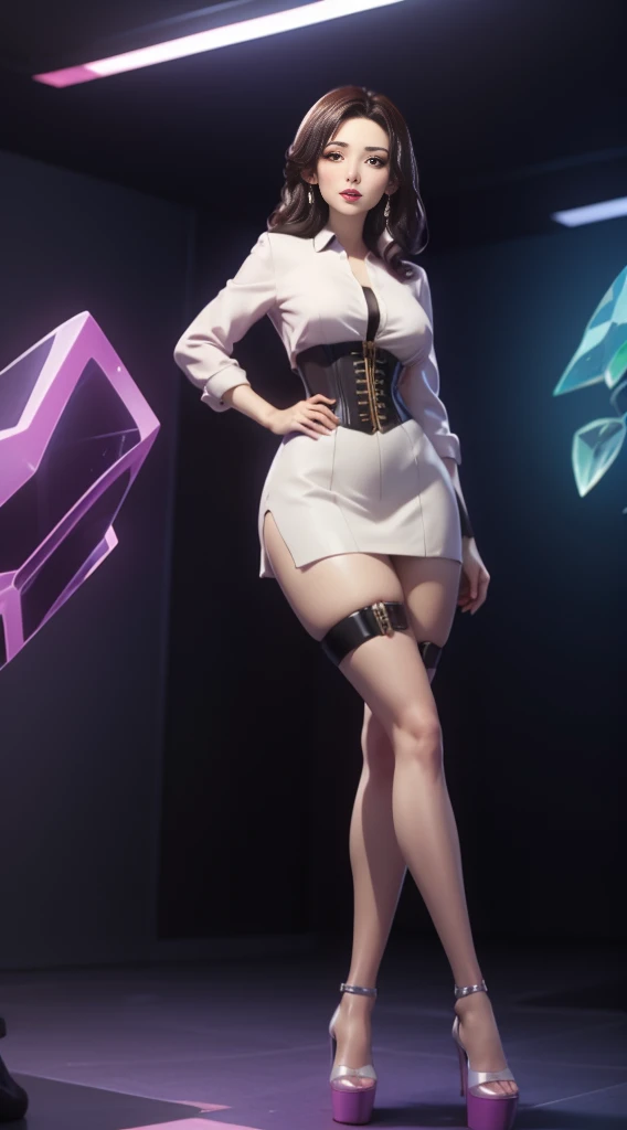 (portrait, gotou airi), (long legs, thick thighs, narrow waist:1.2, wide hips:1.4), (thick lips), lipstick, long eyelashes, long dark hair, (thin toned body, cyber circuits corset). (biologic translucent tight long skirt), (luminescent crystalline sexy platform heels). (futuristic holographic legwear), mature, detailed face, detailed body