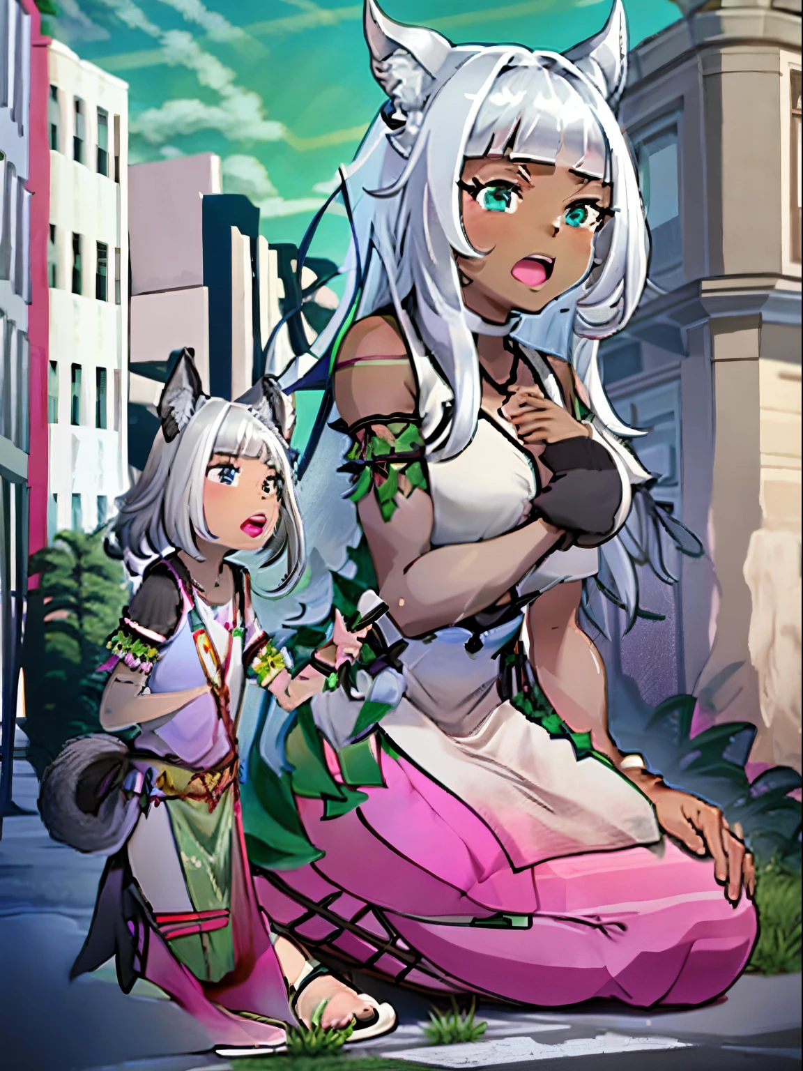 Ochette, 1girl, dark skin, white hair, green eyes, giantess, huge, 70 ft tall, cute, full body, best quality, pink dress, metal bracelets, skyscrapers, flat ground, street, ground visible, black jeans, adorable, kind, gentle, empty hands, small build, slim, curious, detailed mouth, size difference, kneeling, sandals