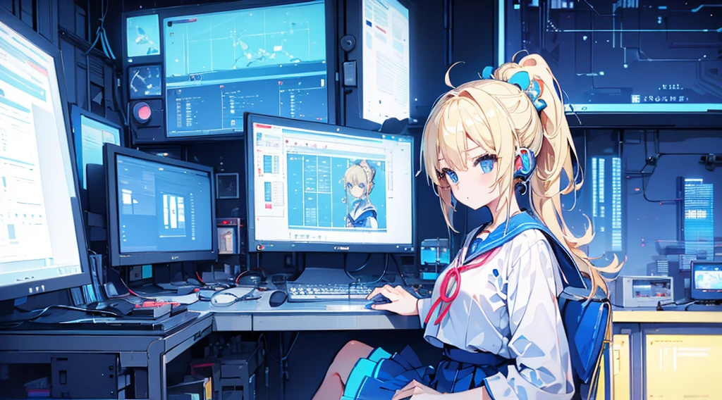 (1 girl, blonde hair, ponytail, blue eyes, sailor suit, headphone, kawaii), (blue cyberpunk, room with big monitors, blue neon)