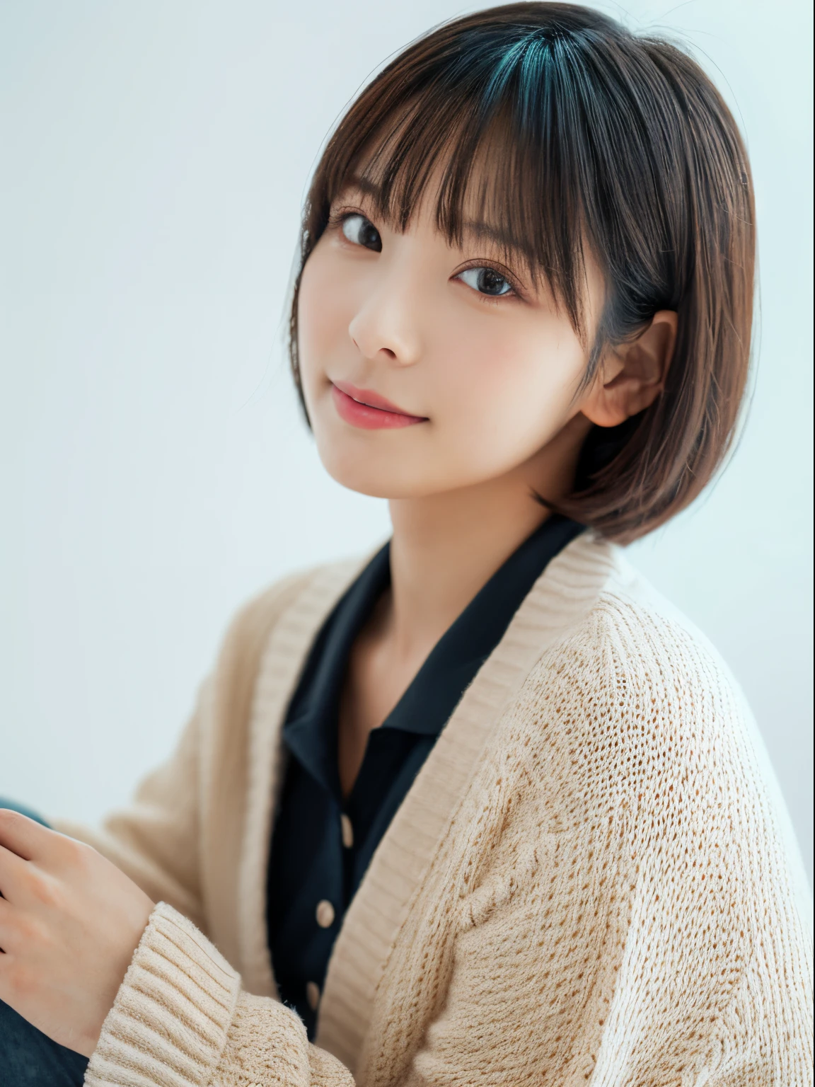 ((masutepiece,top-quality)), (photographrealistic:1.4),((masutepiece,8K)),hight resolution,Studio Soft Light, Rim Lights, vibrant detail, realistic skin textures,Japanese, 1 beautiful woman, Short hair, Wave hair, faint thin bangs, make - up, 38 years, Detailed skin, cardigan, wide-leg pants, White background, White Room,white walls, fully body photo, Looking at Viewer
