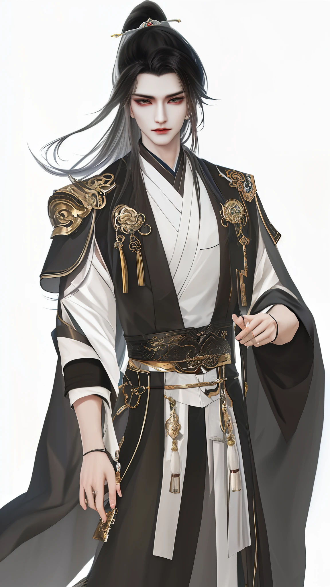 man wearing brown and white clothes, Wallpapers,high ponytails,heise jinyao, The exquisite prince, Inspired by Bian Shoumin, inspired by Guan Daosheng, full body xianxia, Beautiful prince, inspired by Zhang Han, inspired by Zhao Yuan,, flowing hair and long robes, longer sleeves、Narrow cuffs,robe,zhao yun, xianxia hero,white backgrounid,Eye focus,a sharp gaze,A high resolution,tmasterpiece,Best quality at best,32K,fix the hand,