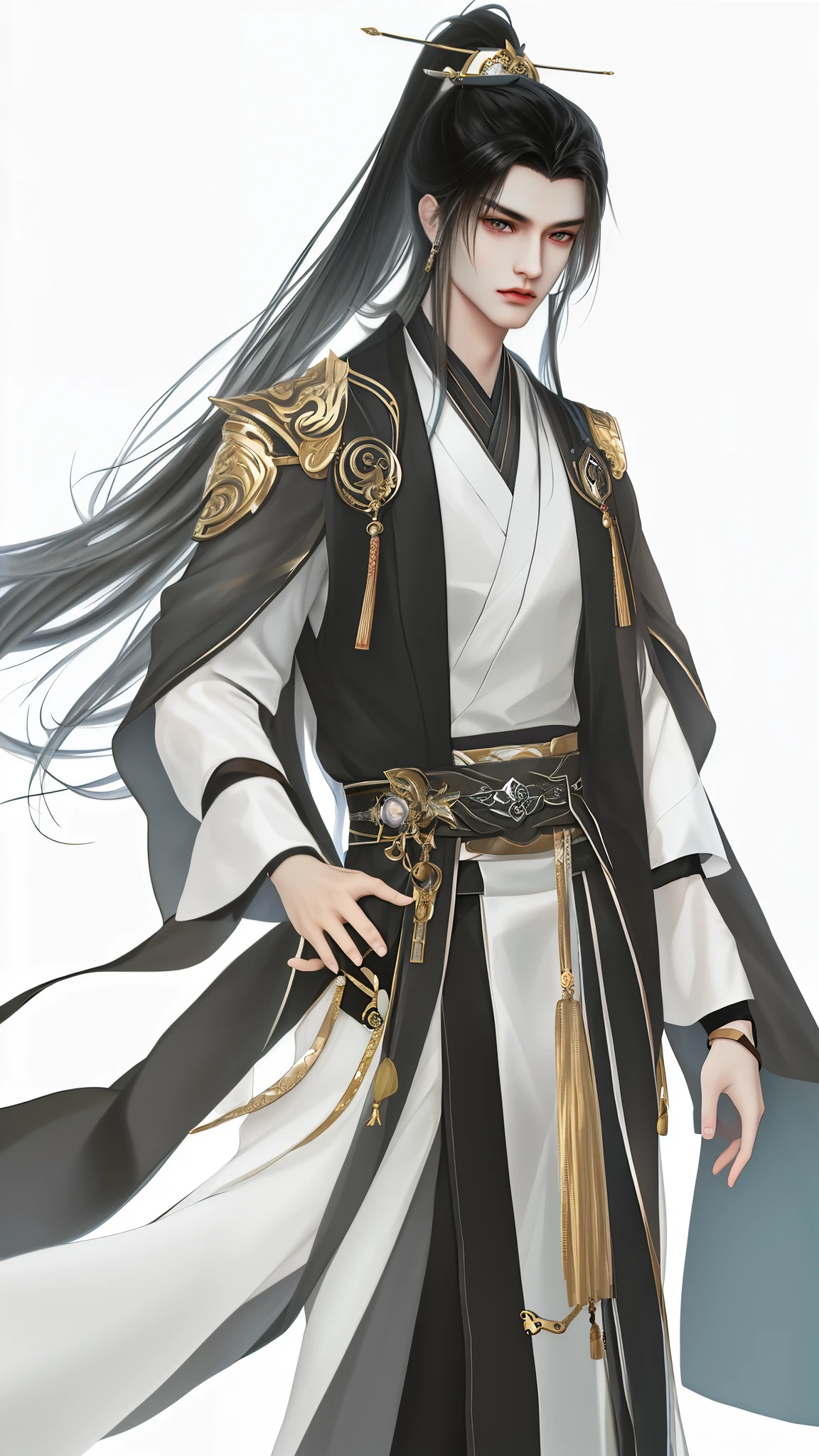 man wearing brown and white clothes, Wallpapers,high ponytails,heise jinyao, The exquisite prince, Inspired by Bian Shoumin, inspired by Guan Daosheng, full body xianxia, Beautiful prince, inspired by Zhang Han, inspired by Zhao Yuan,, flowing hair and long robes, longer sleeves、Narrow cuffs,robe,zhao yun, xianxia hero,white backgrounid,Eye focus,a sharp gaze,A high resolution,tmasterpiece,Best quality at best,32K,fix the hand,