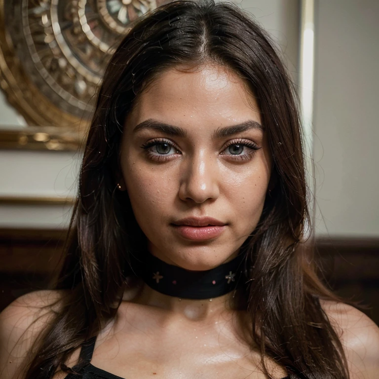 (Best quality, Ultra-detailed, Masterpiece:1.5), Photorealistic photograph of a beautiful pakistani woma. The woman should have a flawless, highly detailed face (Highly Detailed Skin) with soft, luminous skin. Her long hair should be naturally brown and stylishly arranged. The focus of the image is on her face (Sharp Focus on the Face, Perfect Eyes:1.2). The scene should be rendered in muted, warm colors. The photography should feature high-quality film grain (ISO 400, 30mm lens RAW f1.8 aperture, highly detailed) to create the impression of analog photography (Analog Photography:1) with HDR colors. choker, latex, tight swimsuit, close up face view, (ahegao), kneeling, oh face, Open your mouth wide, Stick out your tongue, ecstatic look, eyes roll back, zero two