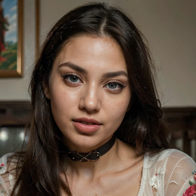 (Best quality, Ultra-detailed, Masterpiece:1.5), Photorealistic photograph of a beautiful pakistani woma. The woman should have a flawless, highly detailed face (Highly Detailed Skin) with soft, luminous skin. Her long hair should be naturally brown and stylishly arranged. The focus of the image is on her face (Sharp Focus on the Face, Perfect Eyes:1.2). The scene should be rendered in muted, warm colors. The photography should feature high-quality film grain (ISO 400, 30mm lens RAW f1.8 aperture, highly detailed) to create the impression of analog photography (Analog Photography:1) with HDR colors. choker, latex, tight swimsuit, close up face view, (ahegao), kneeling, oh face, Open your mouth wide, Stick out your tongue, ecstatic look, eyes roll back, zero two