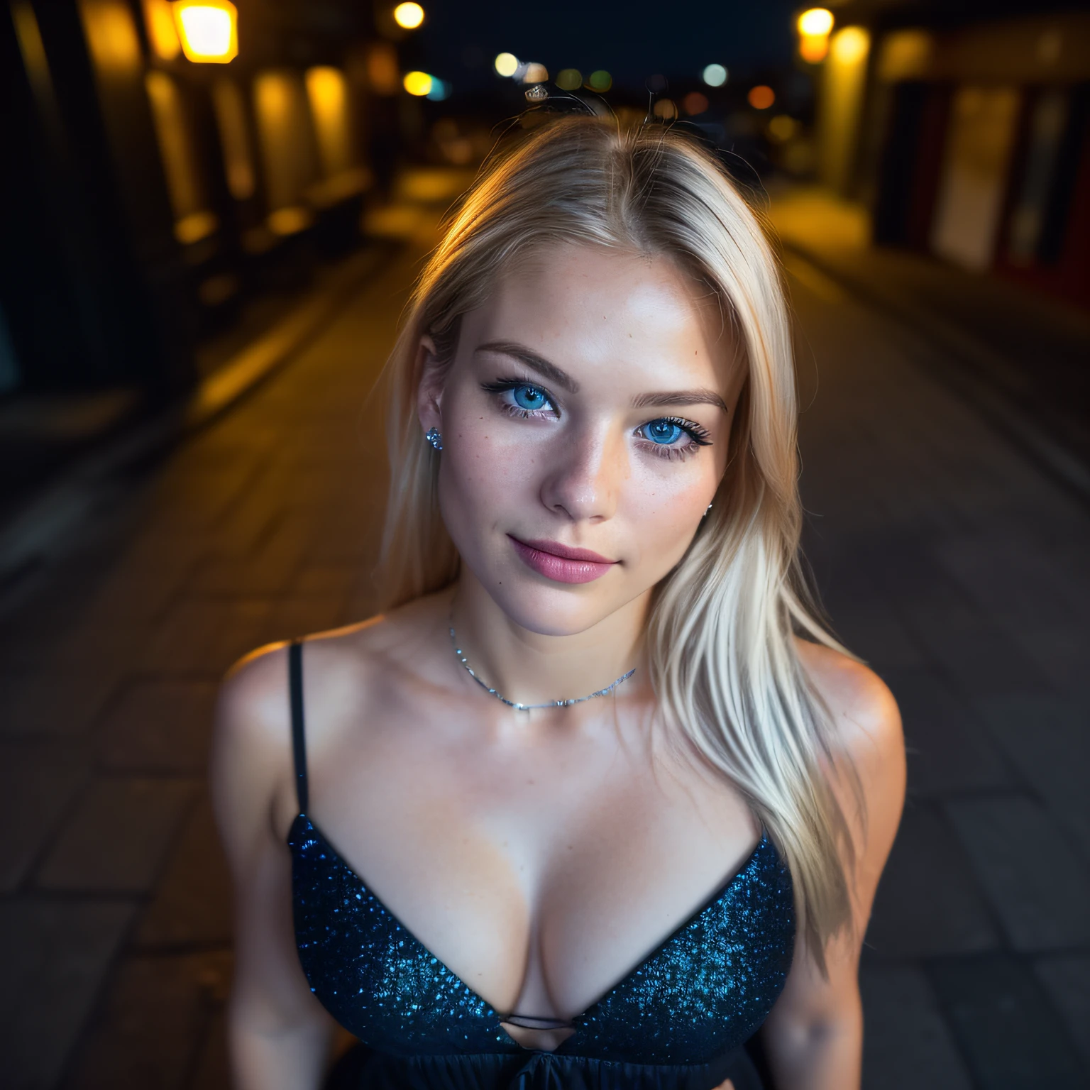 (selfie, top view: 1.4), (straight half of the body: 1.4), RAW UHD portrait photo of a 24-year-old blonde (blue-eyed woman) walking down a dark alley, large breasts,, city at night, (skirt), (neckline), details (textures! , hair! , glitter, color!! , disadvantages: 1.1), glossy eyes with high detail (looking at the camera), SLR lighting, SLR camera, ultra-quality, sharpness, depth of field, film grain (center), Fujifilm XT3, crystal clear, frame center, beautiful face, sharp focus, street lamp, neon lighting, bokeh (dimly lit), night, (night sky), detailed skin pores, oily skin, sunburn, complex eye details, full body, large breasts