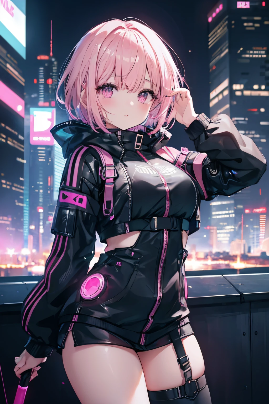 high-level image quality、 ((masuter piece))、Delicate drawing、 Pink gold eyes、 Pink Short Bob、Bangs at the top of the eyebrows、short bangs、 A sexy、 Very cute girl, Dark color effect, Bust-up shot, Virtual Worlds, overlooking the city from a skyscraper, Cyberpunk, Future, Metaverse, Parallel Universe, Particle mechanics, neons, Night view, Dynamic Pose,