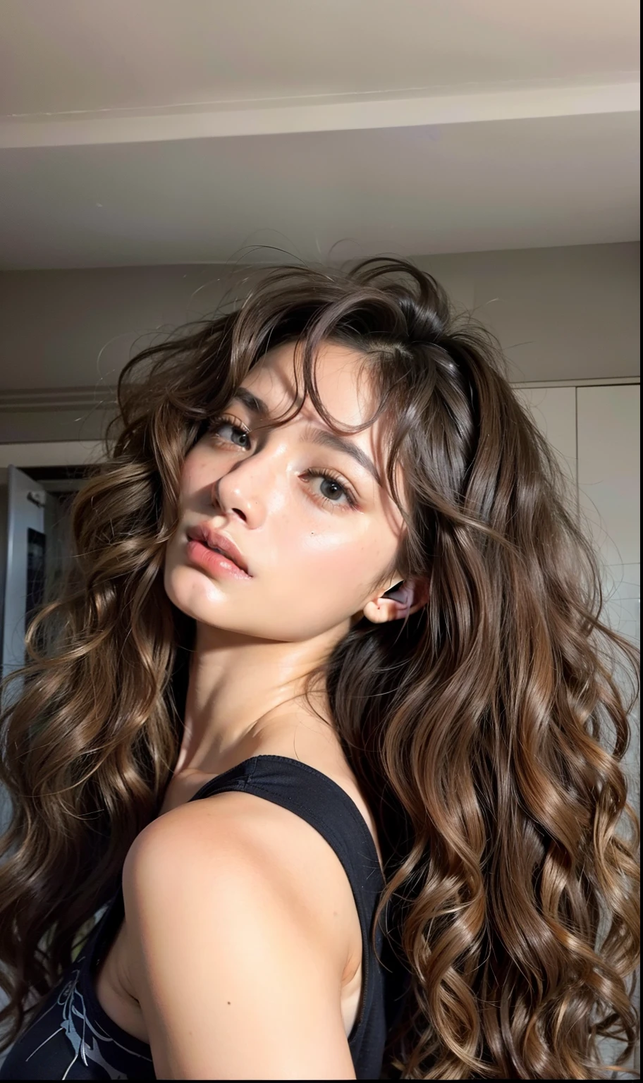 a close-up of a woman with long curly hair and a tattoo on her arm, franja encaracolado, longos cabelos castanhos inchados cacheados, long messy curly hair, cabelos castanhos cacheados, cabelos castanhos cacheados, longos cabelos castanhos encaracolados, cabelos cacheados, curly middle part haircut, messy curly hair, cabelos longos e cacheados, curly hair, cabelos escuros cacheados, longos cabelos cacheados escuros, cabelos longos cacheados