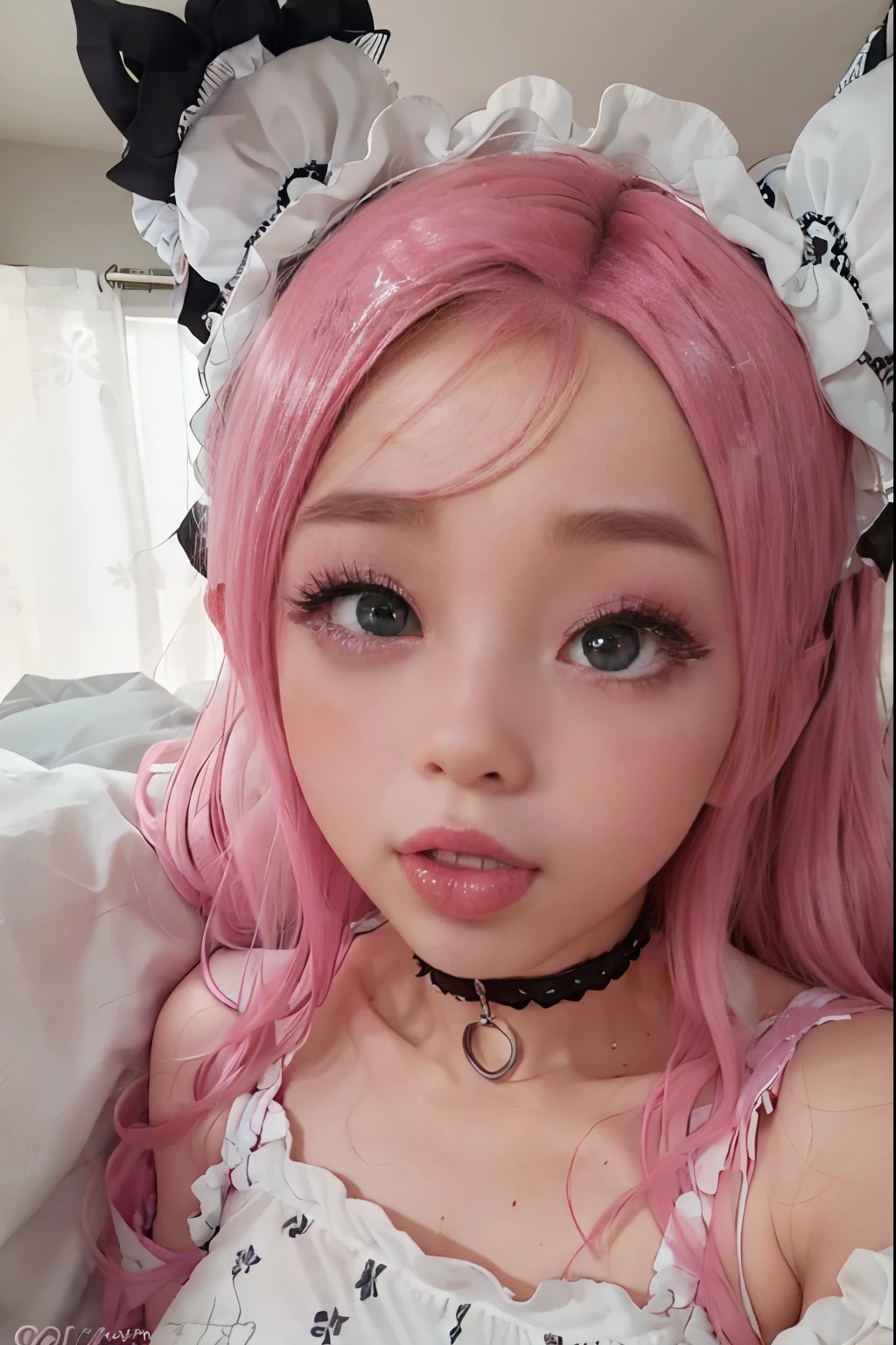 Face close-up Pink black haired woman in a white and black outfit laying on a bed, belle delphine, ahegao, anime vibes, ahegao face, anime barbie in white stockings, shikamimi, webcam footage, highly realistic. live cam, y 2 k cutecore clowncore, pink twintail hair and cyan eyes, blonde hair and large eyes, low quality video