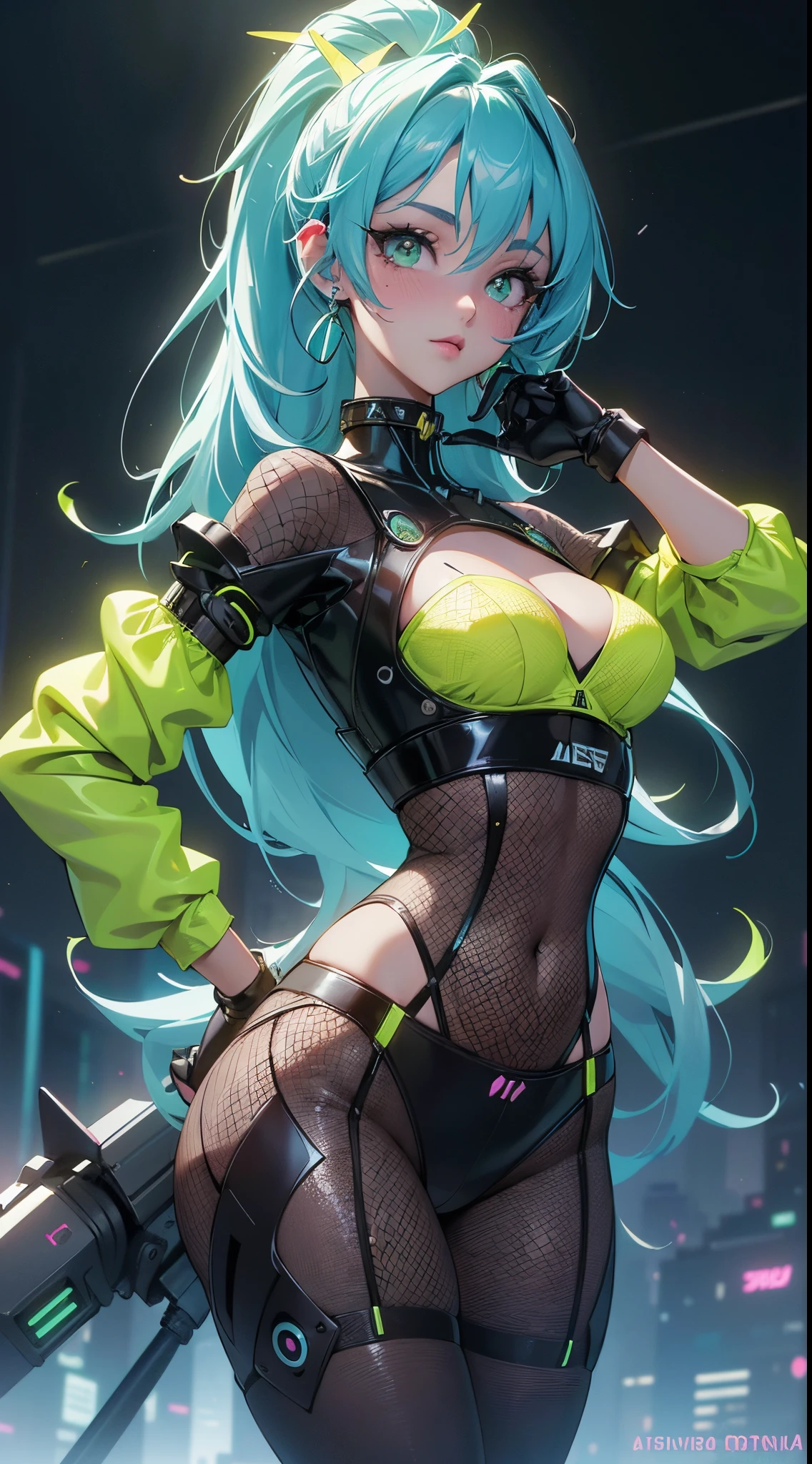 Ariana Grande con fishnet neon yellow,High Gloss Stretch Nylon Sheer Stockings,(fondo laboratorio Robotic futuristic dystopia:1 4),,More detailed 8K.motor irreal:1.4,UHD,La mejor calidad:1.4, fotorrealista:1.4, textura de la piel:1.4, obra maestra:1.8,obra-prima, mejor calidad,objeto Objeto], (detailed face features:1.3),((Las proporciones correctas)),convexo，(Dedos de camello)，(fishnet neon yellow:1.4),(Ojos hermosos azules),(panties lingerie ),(fondo ciudad Tokio cyberpunkAI colors:1.4)