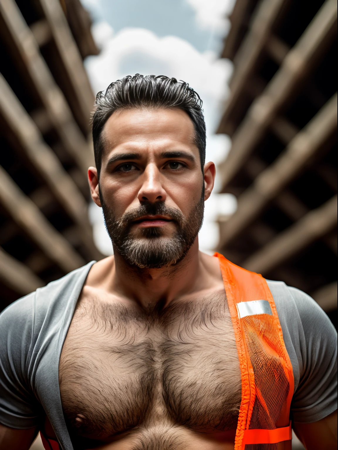 masterpiece, best quality, high resolution, closeup portrait, male focus, solo focus, A man, 40 years old, with construction worker uniform, unbuttoned work clothes, construction worker, silver grey hair, messy hairstyle, cute and seductive face, bare chest, body hair, facial hair, roman nose, sweaty, spreading legs, very skinny body, hairy legs, dimples, beard, goatee, bold jawline , in the background a construction site, orange safety vest, gay , erotic, view from below, amazing composition, front view, HDR, ultra quality, elegant, highly detailed