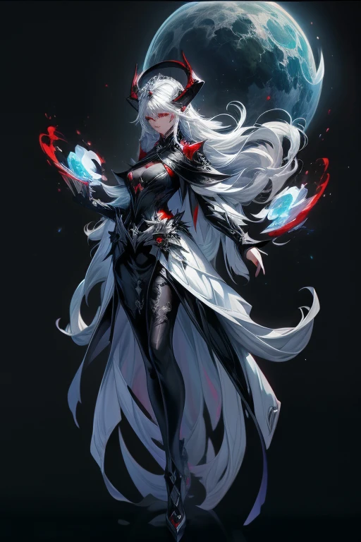 ((masterpiece, best quality)), 1girl, beautiful detailed eyes, detailed face, (full body:1.2), white long hair, red eyes, small sized breasts, (black background:1.2), bloody particles, shaded face In the center of the black background, a spectacular figure stands out, attracting attention with its unearthly beauty. She is 1.2 meters tall and her graceful body exudes an air of elegance and mystery., Her long, flowing hair cascades down her back, a sea of shiny white strands that seem to glow with an otherworldly aura. Each individual castle is meticulously detailed and shimmers as if touched by moonlight., But it is her eyes that truly captivate those who dare to meet her gaze. The deep pools are crimson red and have a depth and intensity that is both mesmerizing and unsettling. Irises, like fiery rubies, flicker with an inner light as if reflecting the secrets of the Universe itself. In these red depths, you can see a storm of emotions, a mysterious mixture, white hair, light blue hair, mini top hat, hairclip, hair ornament, demon horns, Conceptual art, Conceptual art, Gothic art, Contemporary art, diffraction spikes, diffraction spikes, three sided view, first-person view, framed, reference sheet, fake scrollbar, Surrealism, high detail, Conceptual art, Futurism, modern, modern, Gothic art, cinematic lighting, Surrealism, textured skin, super detail, high details, award winning, 8k, masterpiece, 8k, best quality, highres, award winning, high quality, super detail, anatomically correct, ccurate, retina, masterpiece
