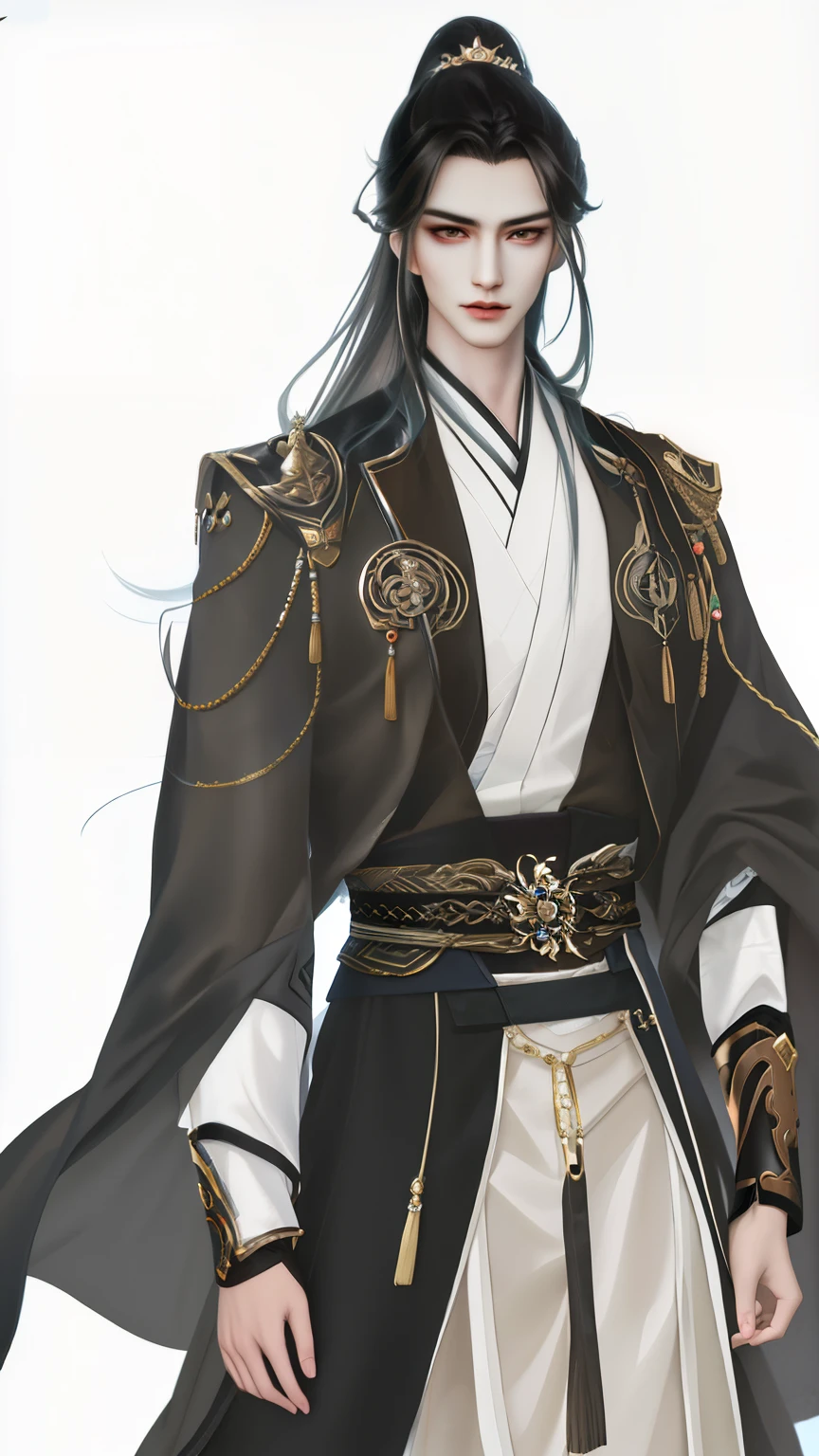 man wearing brown and white clothes, Wallpapers，high ponytails，heise jinyao, The exquisite prince, Inspired by Bian Shoumin, inspired by Guan Daosheng, full body xianxia, Beautiful prince, inspired by Zhang Han, inspired by Zhao Yuan,, flowing hair and long robes, zhao yun, xianxia hero，white backgrounid，Eye focus，a sharp gaze，A high resolution，tmasterpiece，Best quality，32K,fix the hand，