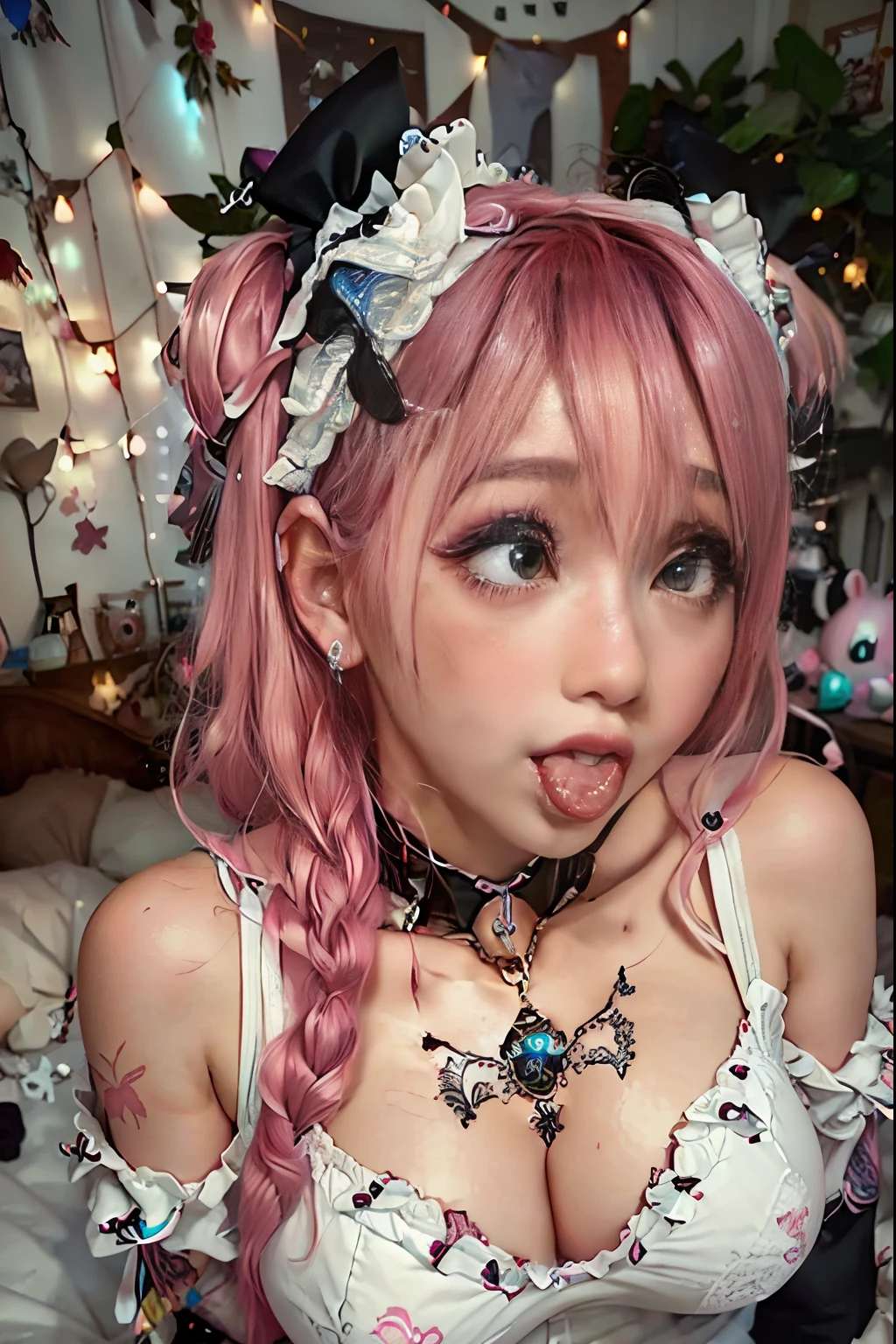 Face close-up Pink black haired woman in a white and black outfit laying on a bed, belle delphine, ahegao, anime vibes, ahegao face, anime barbie in white stockings, shikamimi, webcam footage, highly realistic. live cam, y 2 k cutecore clowncore, pink twintail hair and cyan eyes, blonde hair and large eyes, low quality video