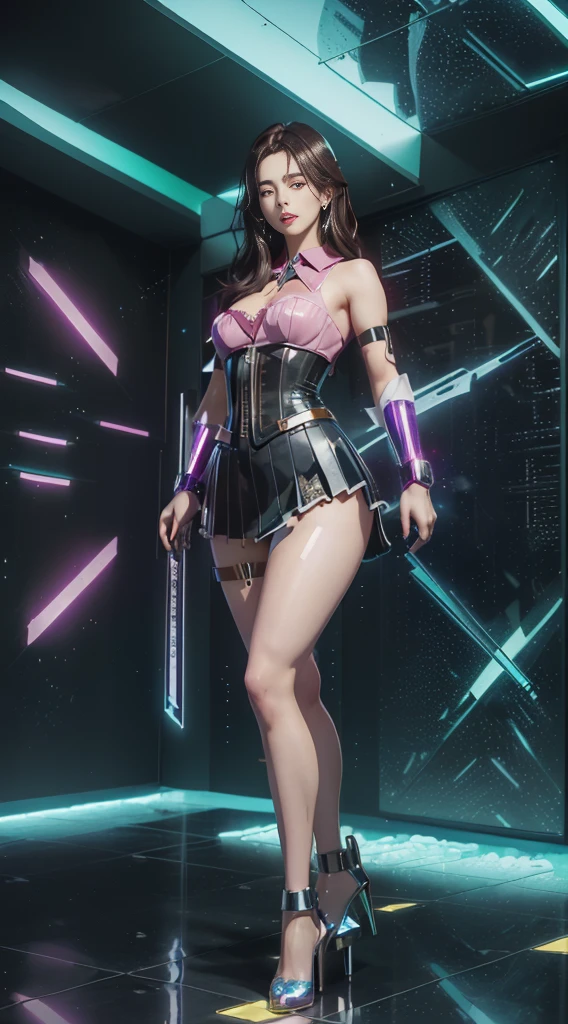 (portrait, gotou airi), (long legs, thick thighs, narrow waist:1.2, wide hips:1.4), (thick lips), lipstick, long eyelashes, long dark hair, (thin toned body, cyber circuits corset). (biologic translucent tight long skirt), (luminescent crystalline sexy platform heels). (futuristic holographic legwear), mature, detailed face, detailed body