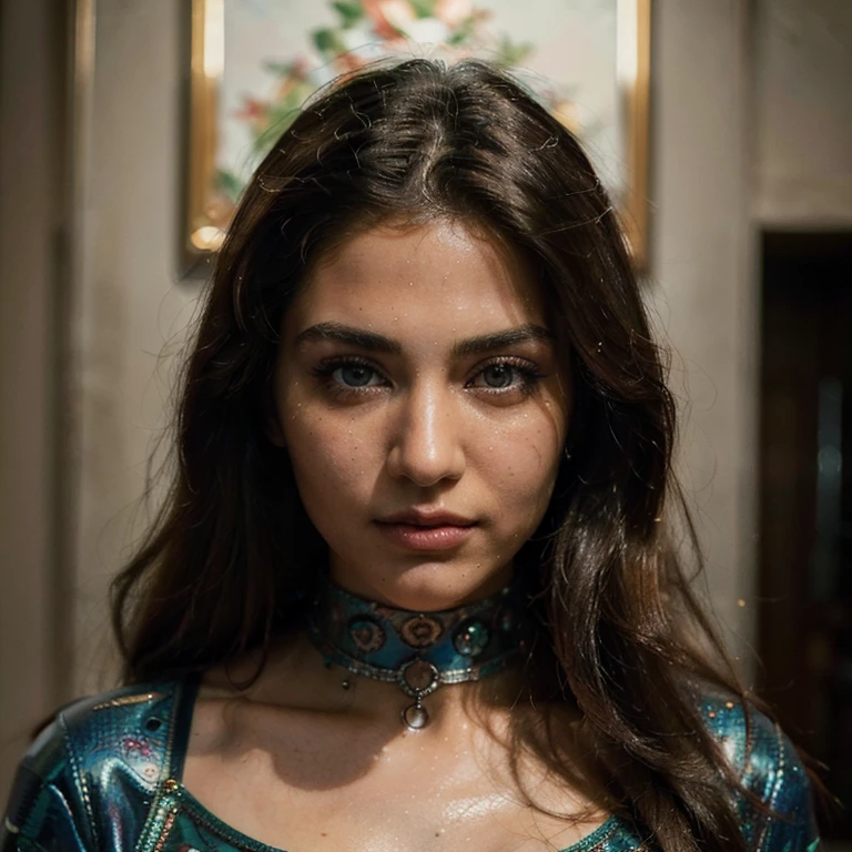 (Best quality, Ultra-detailed, Masterpiece:1.5), Photorealistic photograph of a beautiful pakistani woma. The woman should have a flawless, highly detailed face (Highly Detailed Skin) with soft, luminous skin. Her long hair should be naturally brown and stylishly arranged. The focus of the image is on her face (Sharp Focus on the Face, Perfect Eyes:1.2). The scene should be rendered in muted, warm colors. The photography should feature high-quality film grain (ISO 400, 30mm lens RAW f1.8 aperture, highly detailed) to create the impression of analog photography (Analog Photography:1) with HDR colors. Wearing a choker and a tight latex outfit