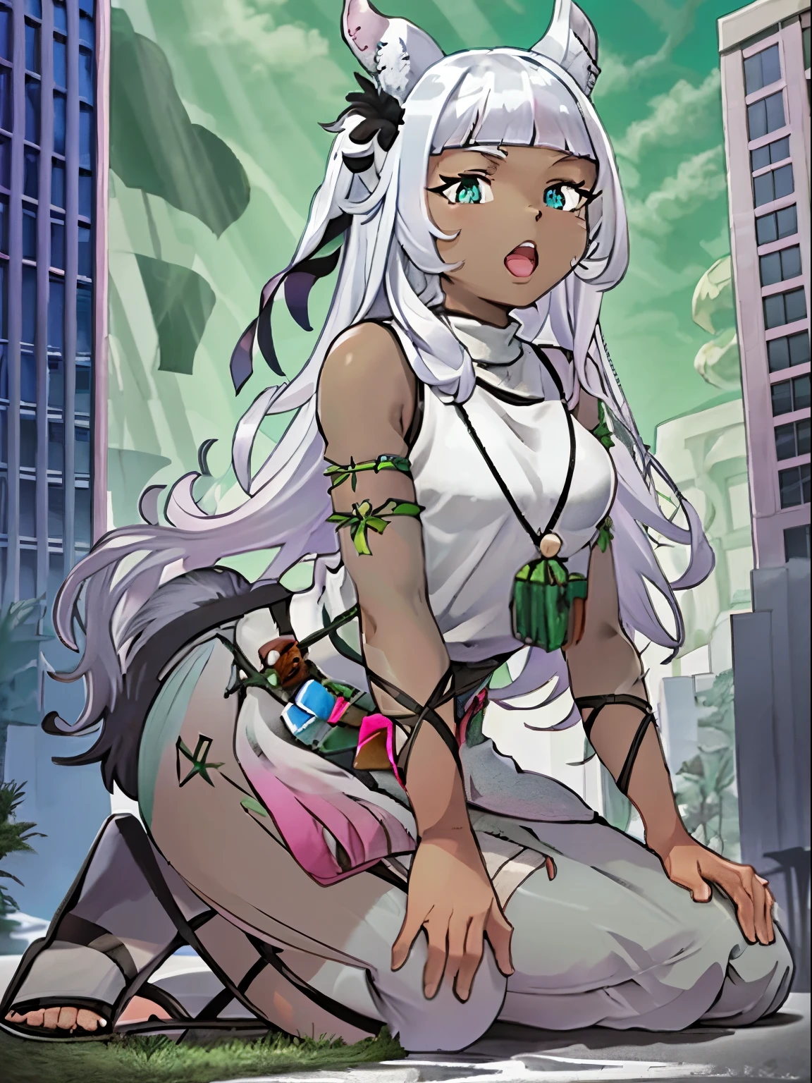 Ochette, dark skin, white hair, green eyes, giantess, huge, 70 ft tall, cute, full body, best quality, pink dress, metal bracelets, skyscrapers, flat ground, street, ground visible, black jeans, adorable, kind, gentle, empty hands, small build, slim, curious, detailed mouth, size difference, kneeling, sandals