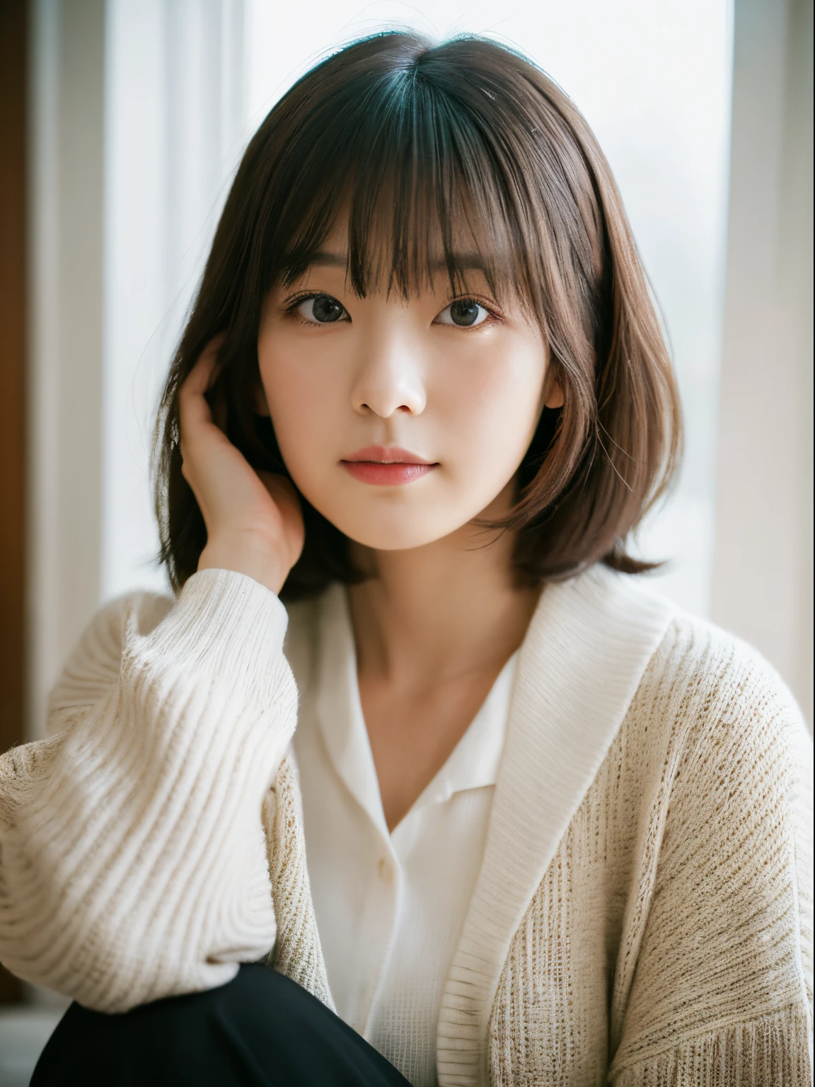 ((masutepiece,top-quality)), (photographrealistic:1.4),((masutepiece,8K)),hight resolution,Studio Soft Light, Rim Lights, vibrant detail, realistic skin textures,Japanese, 1 beautiful woman, Short hair, Wave hair, faint thin bangs, make - up, 38 years, Detailed skin, cardigan, wide-leg pants, White background, White Room,white walls, fully body photo, Looking at Viewer