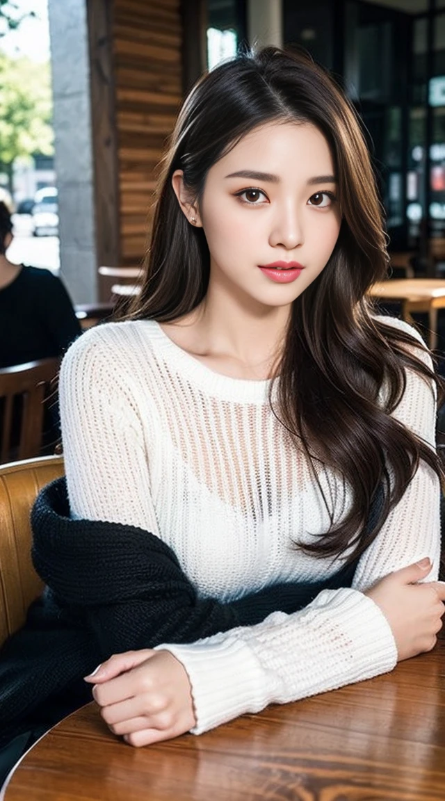 dark brown hair、Light brown eyes、The face of the Japan actress、 Lady、looks like him'i'i'i'i'i'i'i'i'i'I'm about 40 years old、(intricate-detail:1.2)、(top-quality:1.4)、 (超A high resolution:1.2)、超A high resolution、(A detailed eye)、(detailed facial features)、nffsw、8K resolution、D-cup size breasts、length hair、i'i'i'i'i'photographrealistic, Dynamic lighting, art stations, poster for, Volumetric lighting, extra detailed face, (girl with, Long curled hair, Deep Side Parts Hair, floating hair in the air, Bright eyes, Brown eyes, pale white skin, Shiny skin, Big Breast, Real person CG, Sweet style, Film Style, In high definition 4K, beautiful girl with photo effects,(Perfect body : 1.1), (Girl sitting diagonally on a sofa in an attractive outdoor cafe, Surrounded by cozy sofas and tables, Head slightly raised), 4K, Photography, masutepiece, Best Quality, Full body, Enjoy your coffee time, long-sleeve、black sweater and black flared skirt、Clear focus、