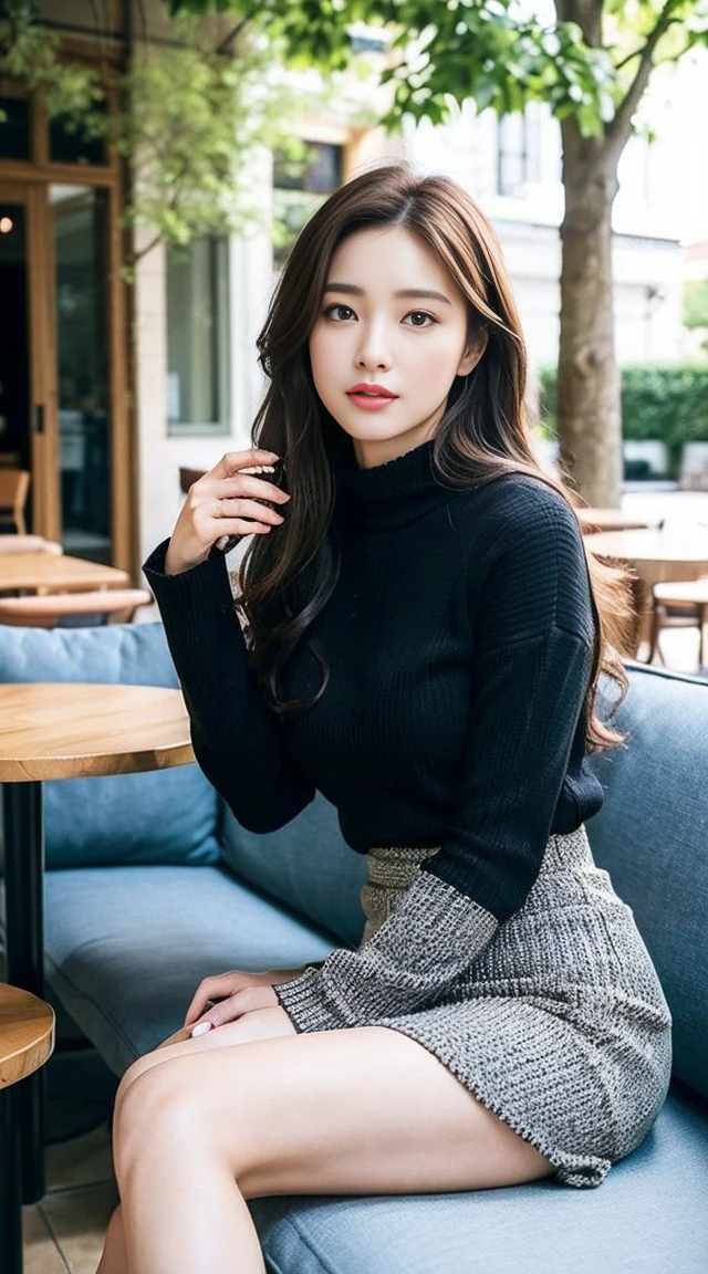 dark brown hair、Light brown eyes、The face of the Japan actress、 Lady、looks like him'i'i'i'i'i'i'i'i'i'I'm about 40 years old、(intricate-detail:1.2)、(top-quality:1.4)、 (超A high resolution:1.2)、超A high resolution、(A detailed eye)、(detailed facial features)、nffsw、8K resolution、D-cup size breasts、length hair、i'i'i'i'i'photographrealistic, Dynamic lighting, art stations, poster for, Volumetric lighting, extra detailed face, (girl with, Long curled hair, Deep Side Parts Hair, floating hair in the air, Bright eyes, Brown eyes, pale white skin, Shiny skin, Big Breast, Real person CG, Sweet style, Film Style, In high definition 4K, beautiful girl with photo effects,(Perfect body : 1.1), (Girl sitting diagonally on a sofa in an attractive outdoor cafe, Surrounded by cozy sofas and tables, Head slightly raised), 4K, Photography, masutepiece, Best Quality, Full body, Enjoy your coffee time, long-sleeve、black sweater and black flared skirt、Clear focus、