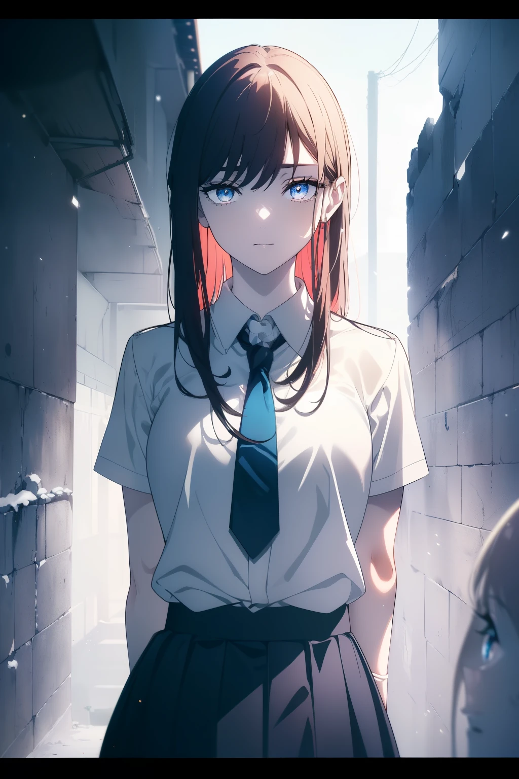 (Obra maestra, La mejor calidad, ultrahigh resolution), 1girl, standing, school uniform, white office shirt, black pleated skirt, ((light brown, light brown hair:0.7), long hair cut, pale skin, ((blue eyes)), glowing_eyes, neon eyes, (ultra detailed eyes, beautiful and detailed face, detailed eyes), ((centered)), smile, ((wide shot)), facing viewer, eye level, (blurry background, bright snowy background, winter), flat chested, looking at viewer, ((half closed eyes)), ((perfect hands)), (((head, arms, hips:0.5, elbows, in view))), ((hands behind back)), empty eyes, beautiful lighting, outside, outdoors, background, defined subject, 25 years old,
