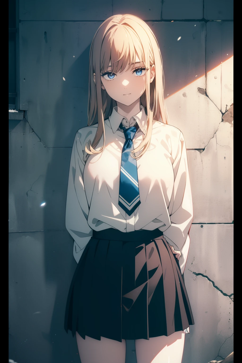 (Obra maestra, La mejor calidad, ultrahigh resolution), 1girl, standing, school uniform, white office shirt, black pleated skirt, ((light brown, light brown hair:0.7), long hair cut, pale skin, ((blue eyes)), glowing_eyes, neon eyes, (ultra detailed eyes, beautiful and detailed face, detailed eyes), ((centered)), smile, ((wide shot)), facing viewer, eye level, (blurry background, bright snowy background, winter), flat chested, looking at viewer, ((half closed eyes)), ((perfect hands)), (((head, arms, hips:0.5, elbows, in view))), ((hands behind back)), empty eyes, beautiful lighting, outside, outdoors, background, defined subject, 25 years old,