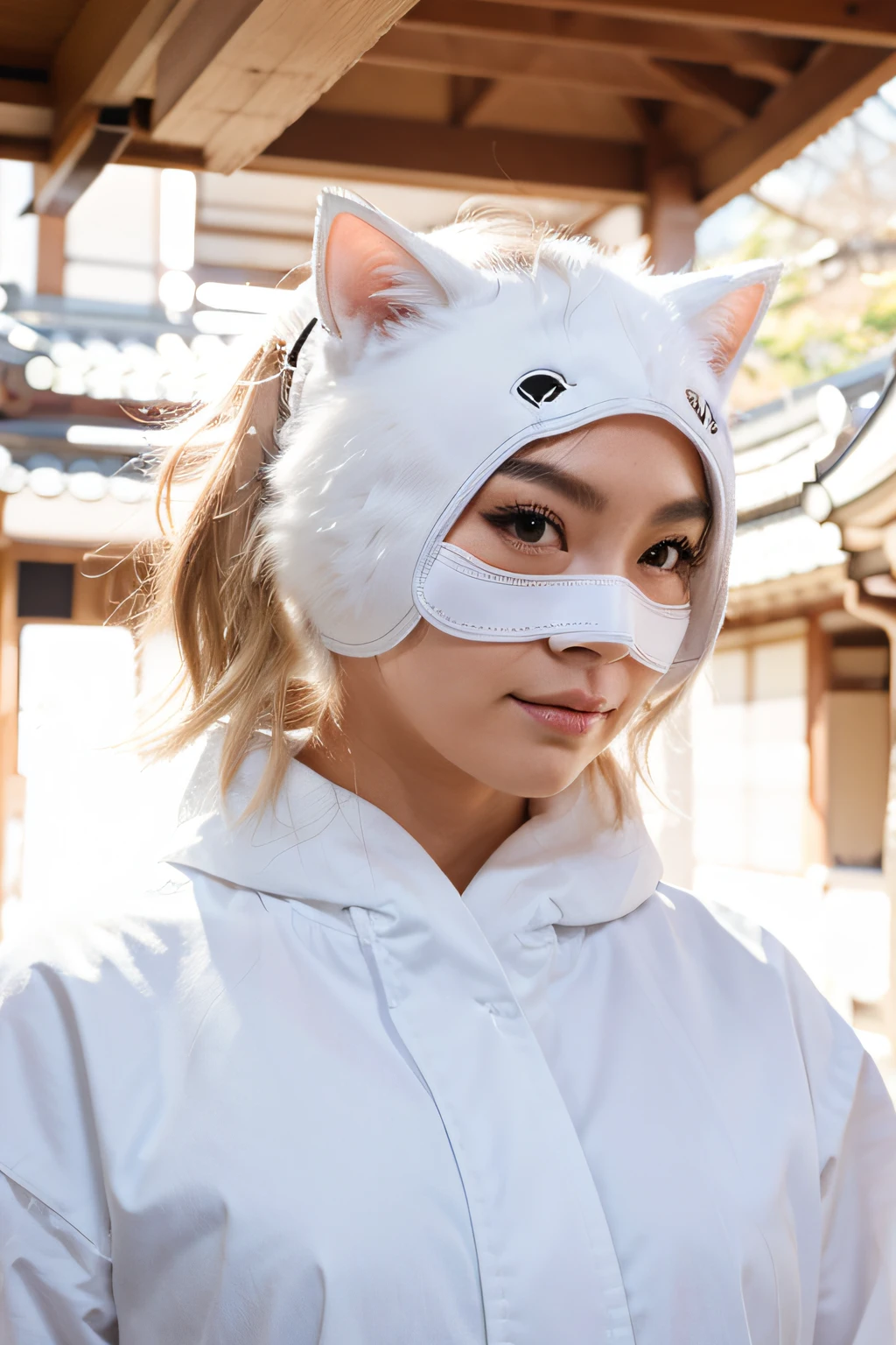 Woman with white Japanese cat mask, 8k, alta qualidade, fundo simples.