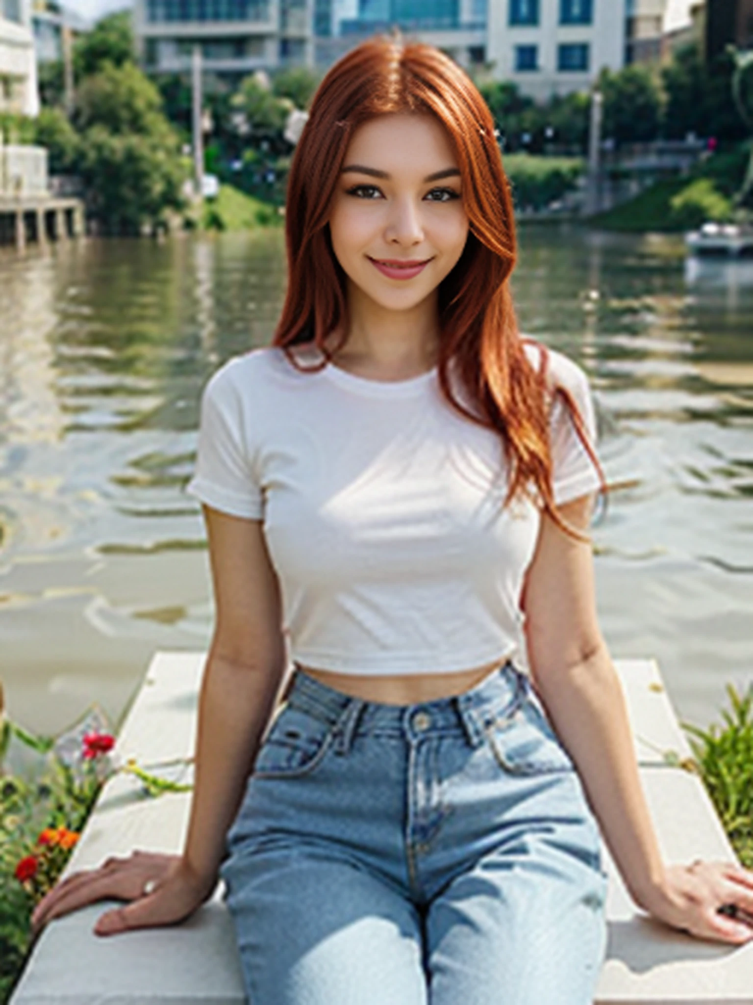 digital art, (girl, red_hair, flowers, baggy jeans, white shirt, discreet smile, cute look), (sitting on a bench, river in the background, golden hour),, by Daniil Suponitskiy jpegman