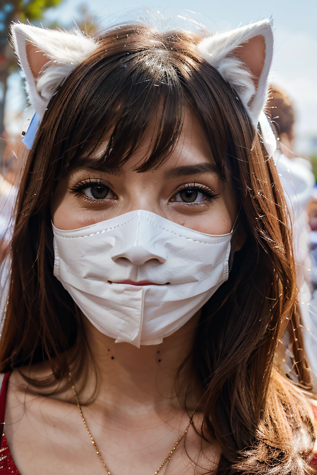 Woman with white cat mask similar to the masks of the festival of Dionysus, escondendo os olhos, 8k, alta qualidade, fundo simples.