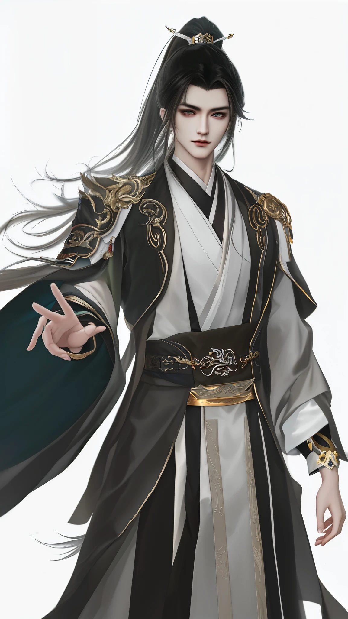 man wearing brown and white clothes, Wallpapers,high ponytails,heise jinyao, The exquisite prince,xianxia, Inspired by Bian Shoumin, inspired by Guan Daosheng, full body xianxia, Beautiful prince, inspired by Zhang Han, inspired by Zhao Yuan,, flowing hair and long robes, longer sleeves、Narrow cuffs,robe,zhao yun, xianxia hero,white backgrounid,Eye focus,a sharp gaze,A high resolution,tmasterpiece,Best quality,32K,fix the hand,
