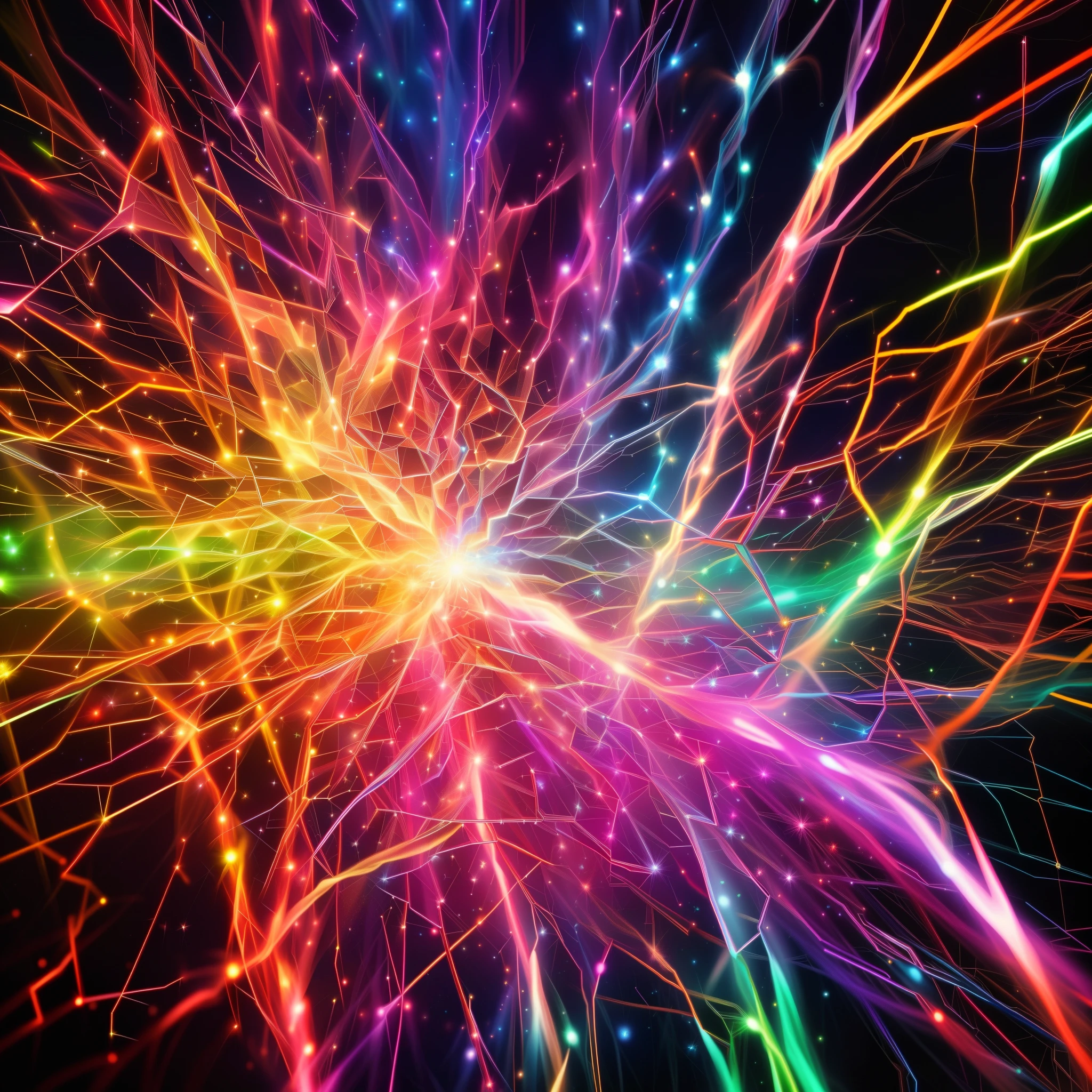 a close up of a colorful fireworks with many different colors, explosion of neon lights, electric aura with particles, cosmic energy wires, tendrils of colorful light, colorful plasma hairs, dense web of neurons firing, psychedelic interconnections, colourful explosion, electric sparks, quantum particles, colorful explosion, neon particles, colorful refracted sparkles, particles light