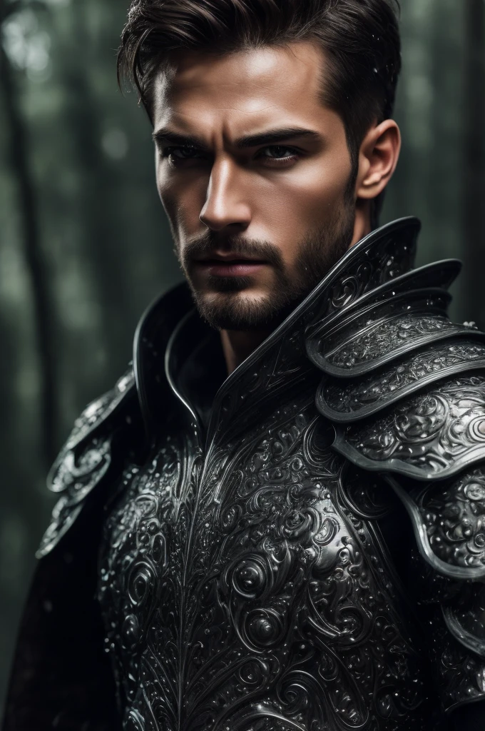 ultra detailed 8k cg, perfect face, insanely handsome face, mature male, armor, revealing clothes, spotlight, looking at viewer, hyperrealistic, masculine power, sassy look, elegant, forest background, rain, foggy, short  hair