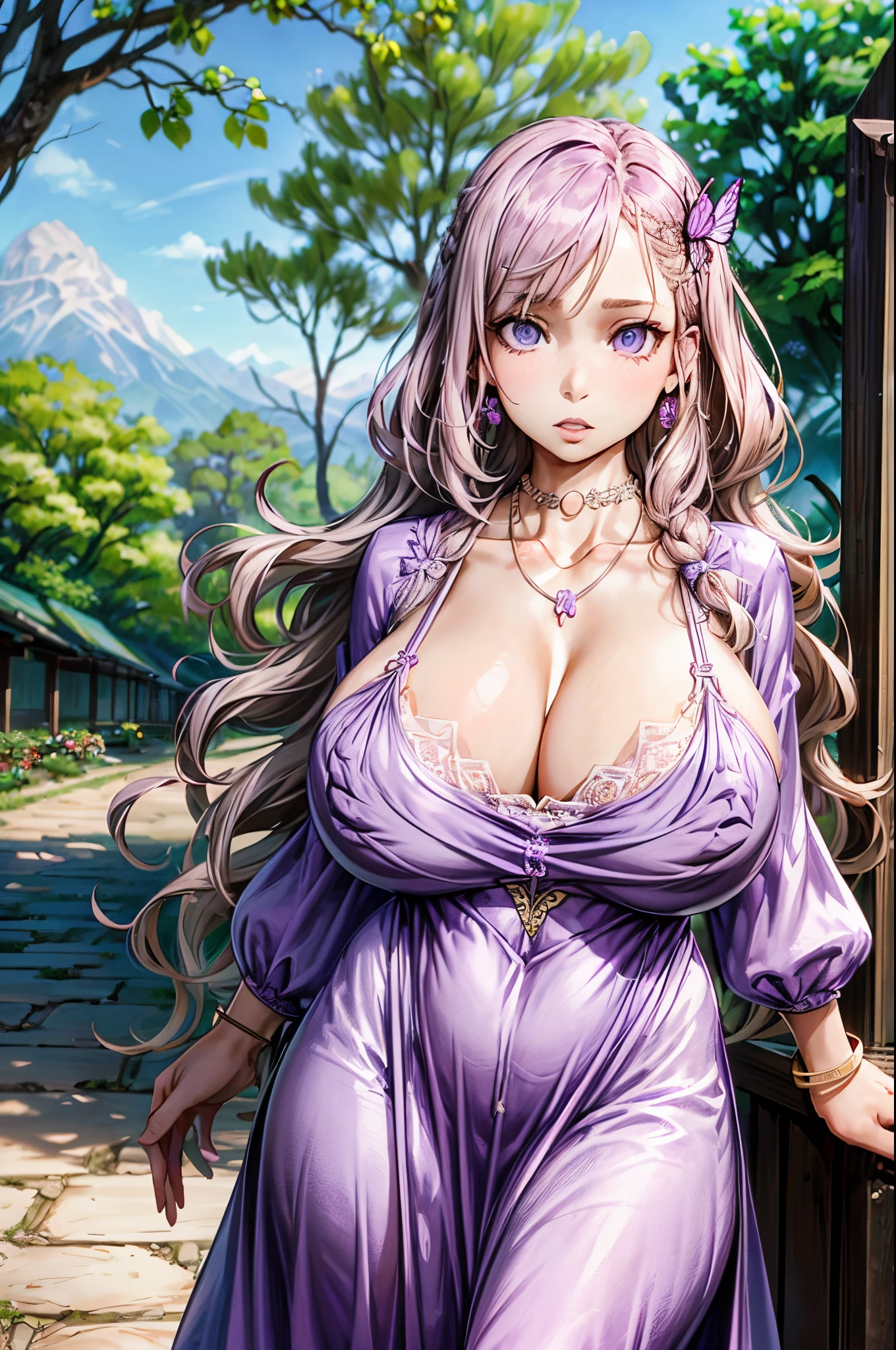 Female((40year old)), hair((long wavy, brown)), eyes((smart eyes, hazel)), clothes((lilac, silk, dress, white, lilac)), accessories ((hairpin, necklace, bracelet)), big boobs, gigantic breast, korean make-up look, flower garden, green house, butterfly,