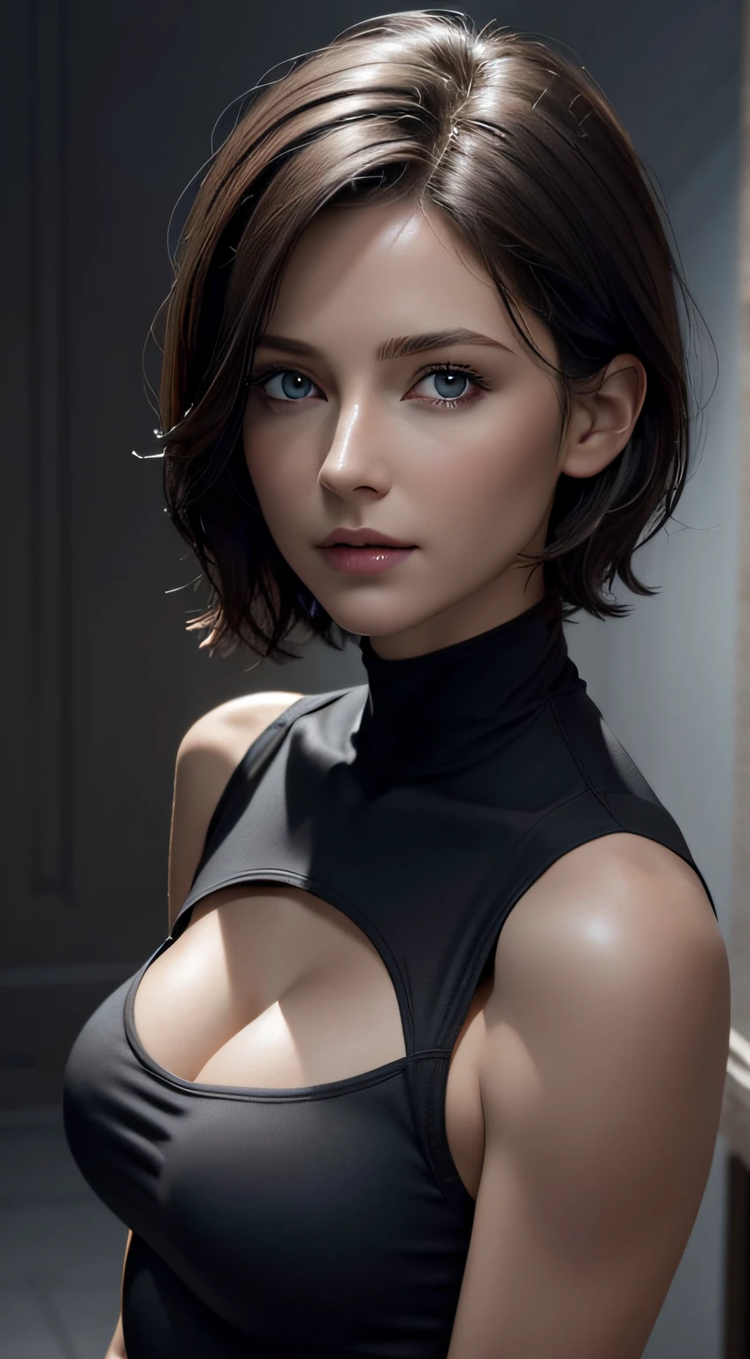 Skin Tight Black Top:1.2, Looking at Viewer, Cinematic lighting, Perfect, softlight, High resolution skin:1.2, Realistic skin texture, 30 years old mature woman、a small face、no-makeup、, off shoulders,Bust B Cup、 Exposed cleavage,Blue eyes, Short hair, dark brown hair、fullnude、Gray background
