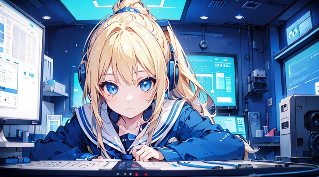 (1 girl, blonde hair, ponytail, blue eyes, sailor suit, headphone, kawaii), (blue cyberpunk, room with big monitors, blue neon)