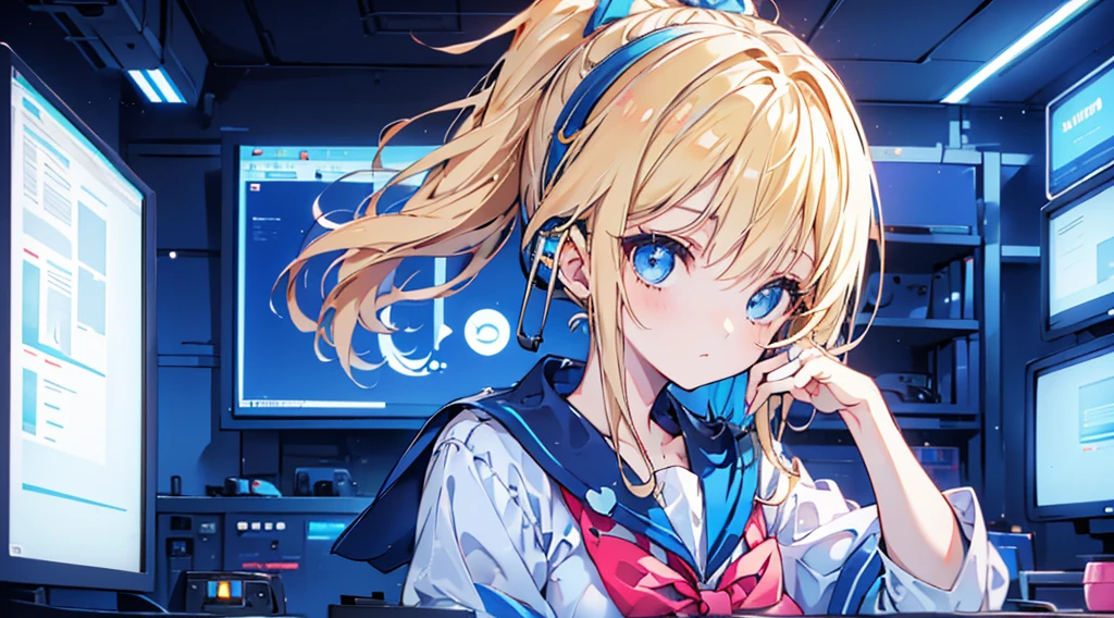 (1 girl, blonde hair, ponytail, blue eyes, sailor suit, headphone, kawaii), (blue cyberpunk, room with big monitors, blue neon)