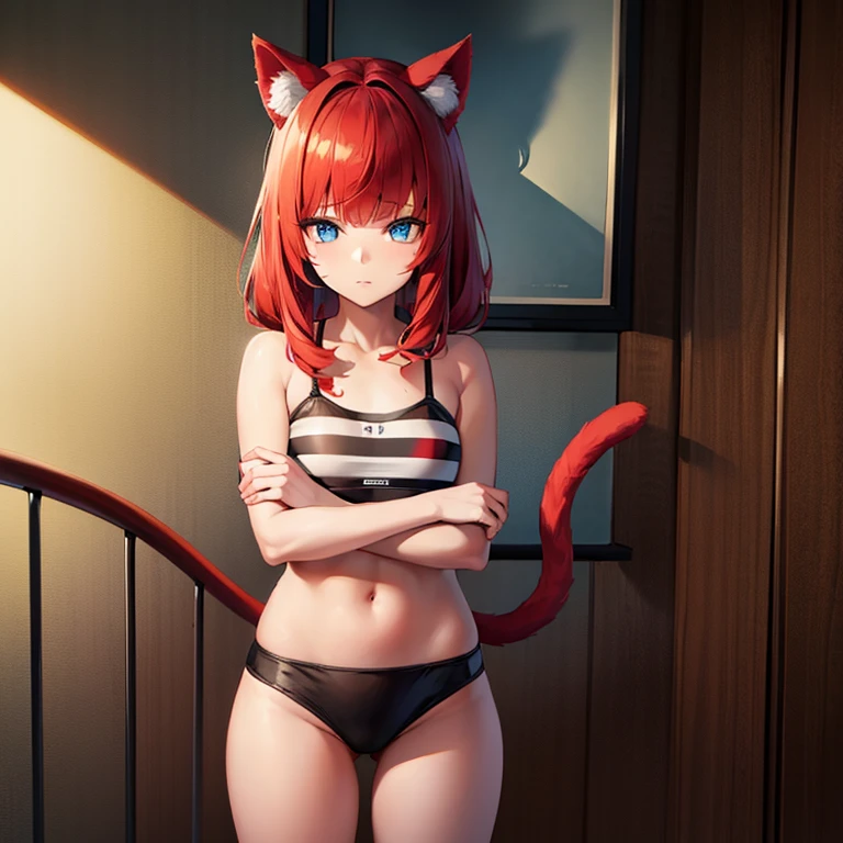 a young 11 year old girl with red hair, cat ears and tail, blue eyes, sweet, cute, petite, quiet, shy