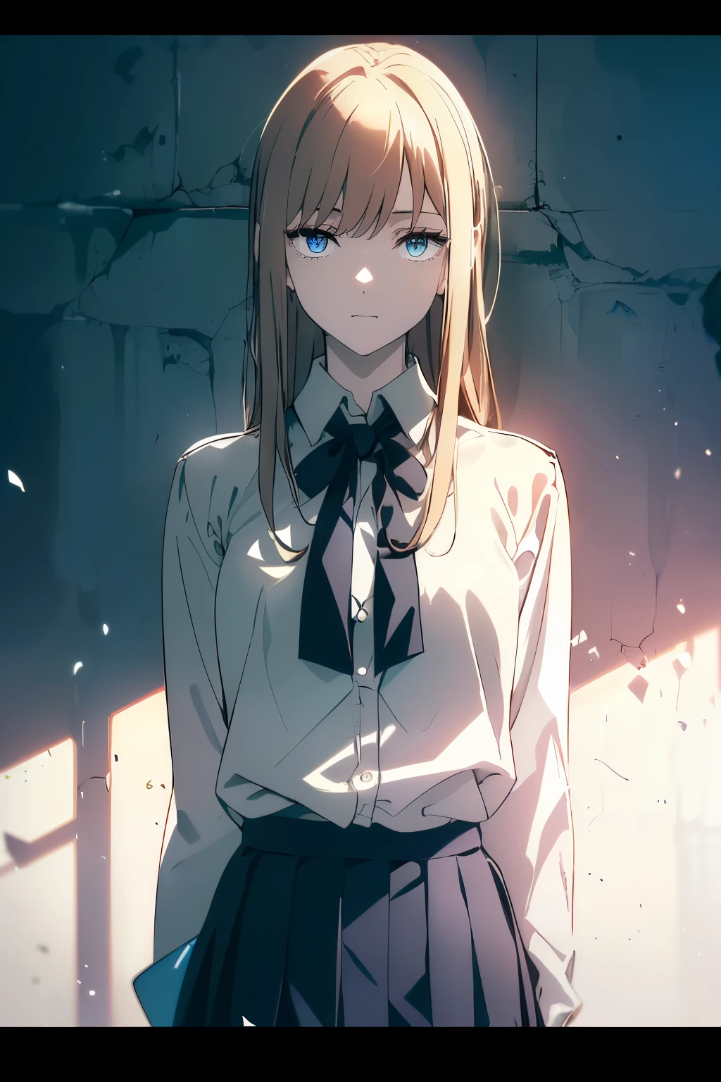 (Obra maestra, La mejor calidad, ultrahigh resolution), 1girl, standing, school uniform, white office shirt, black pleated skirt, ((light brown, light brown hair:0.7), long hair cut, pale skin, ((blue eyes)), glowing_eyes, neon eyes, (ultra detailed eyes, beautiful and detailed face, detailed eyes), ((centered)), smile, ((wide shot)), facing viewer, eye level, (blurry background, bright snowy background, winter), flat chested, looking at viewer, ((half closed eyes)), ((perfect hands)), (((head, arms, hips:0.7, elbows, in view))), ((hands behind back)), empty eyes, beautiful lighting, outside, outdoors, background, defined subject, 25 years old,