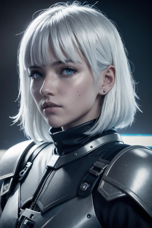 very young teenage woman with white eyes and a black mandalorian armor, girl with silver hair, sci fi female character, unreal engine character art, 3 d render character art 8 k, epic sci - fi character art, epic sci-fi character art, portrait beautiful sci - fi girl, portrait of a sci - fi woman, hyper-realistic cyberpunk style