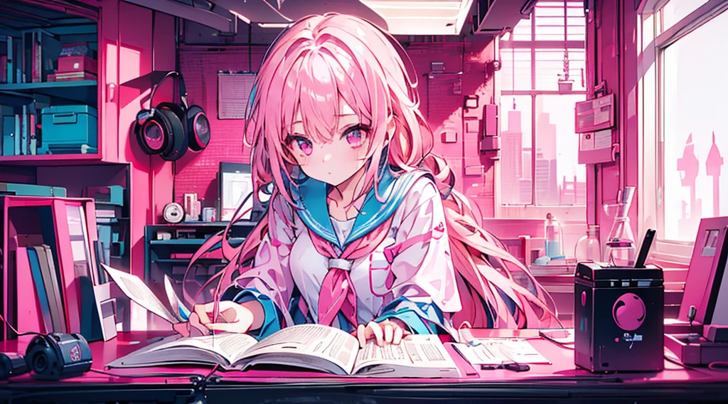 (1 girl, pink hair, pink eyes, sailor suit, headphone, studying), (pink cyberpunk, room with big window, pink neon)