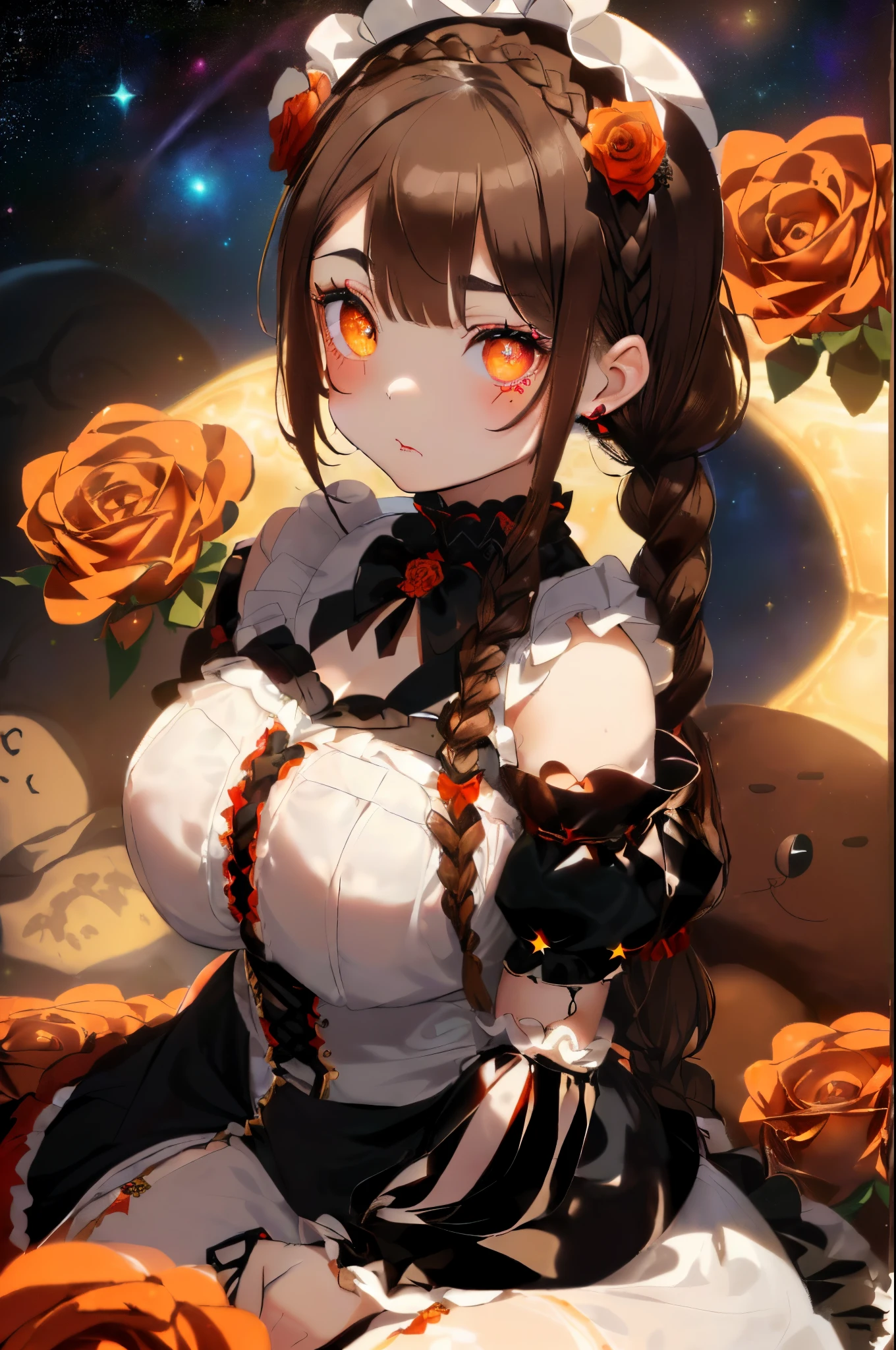 ((Brown hair)),((Braided shorthair)),((With black eyes)),Slight red tide,(gothic loli style costume:1.25),(Head dress:1.2),((Scattered with roses and stuffed animals)),(The entire space turns white, Black, orange, and yellow.),(Big eyes:1.5),(your eyes are shining like stars:1.2),(Cute way to sit),(sitting like a french doll),(Tilt of the neck:1.25),